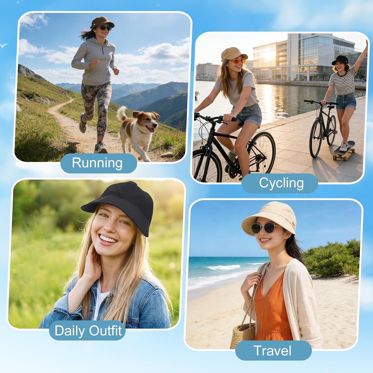 4PCS UPF 50+Womens Sun Hat UV Protection Wide Brim Hat Adjustable Ponytail Breathable for Hiking Fishing Running Golf Sports Multi
