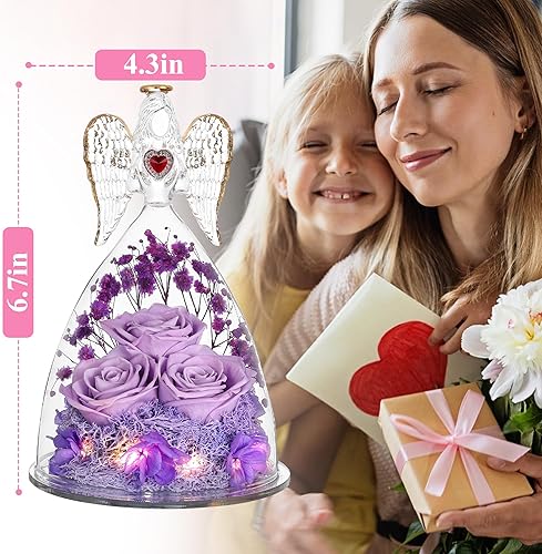 Miniatura 6 de Regalos de rosas para el Día de la Madre para mujer, figuras de ángel grandes con rosas reales, rosa real preservada para ella, color morado claro