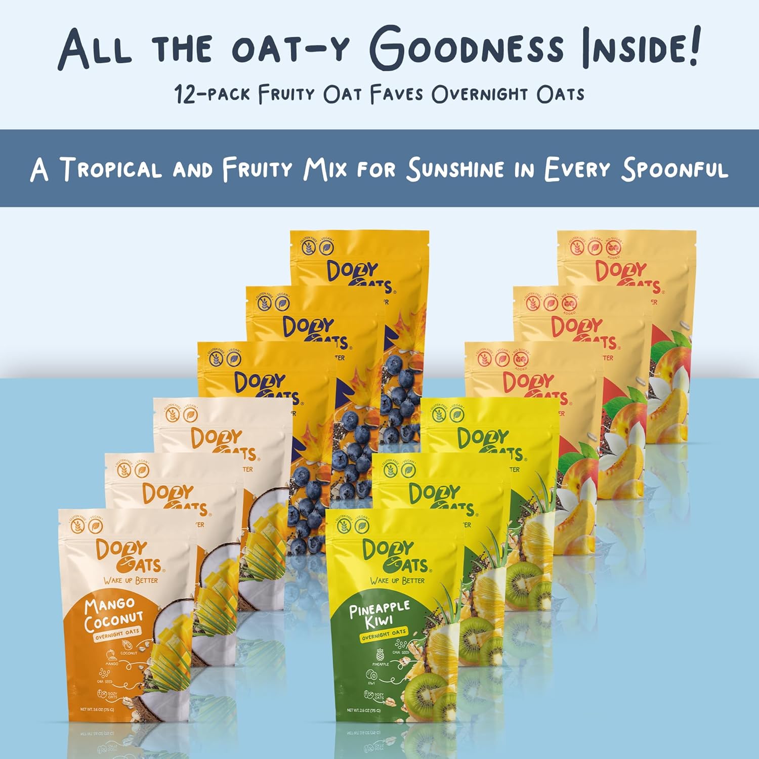Dozy Oats Overnight Oatmeal Packets, Fruity Faves Variety Box with Rolled Oats, Chia Seeds, Date Powder, and Dried Fruit. Gluten-Free, Natural Source of Protein and Fiber, 12-Pack