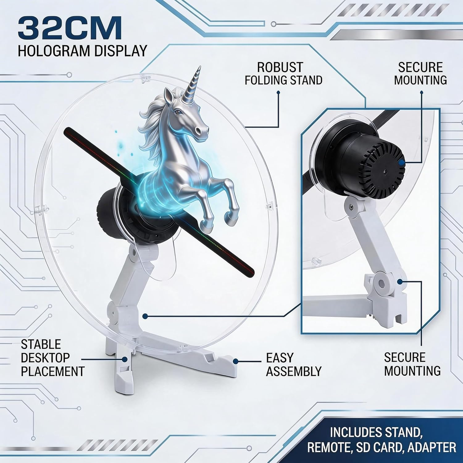 12.6 Inch 3D Hologram Fan with Protective Cover and Desktop Stand, WiFi App Controlled Holographic Display with Remote for Store Counter, Reception Desk, Booth and Indoor Display