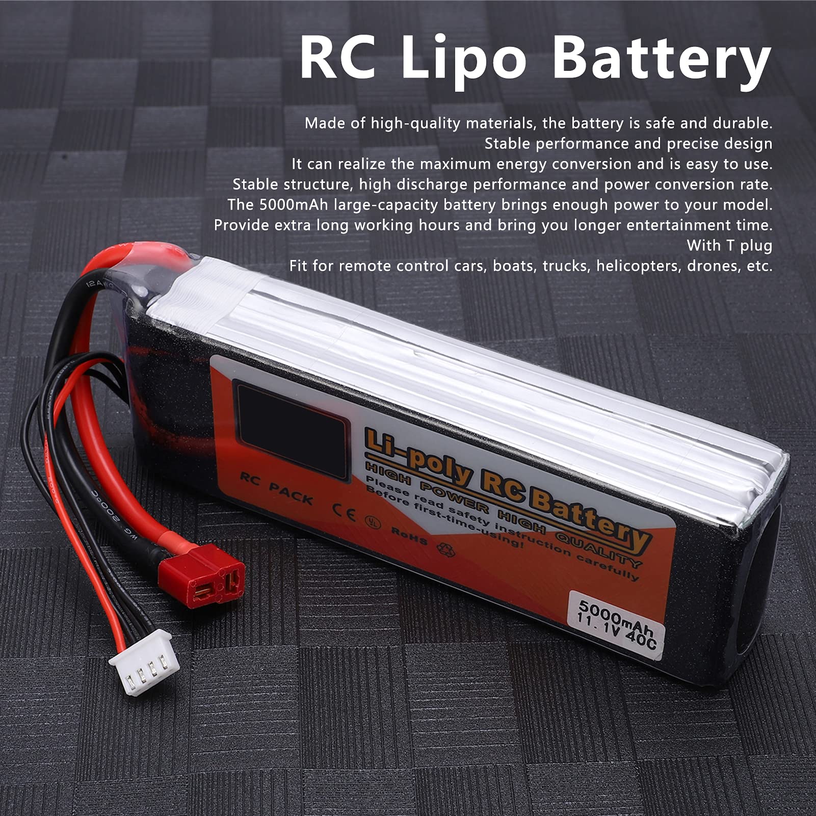 Batteria Lipo da 11,1 V 5000 MAh per Auto RC, Droni, Elicotteri, Scarica Elevata 40 °C, Batteria Al Litio Durevole con Spina a T, Dimensioni Compatte 5,2x1,7x1,0 Pollici