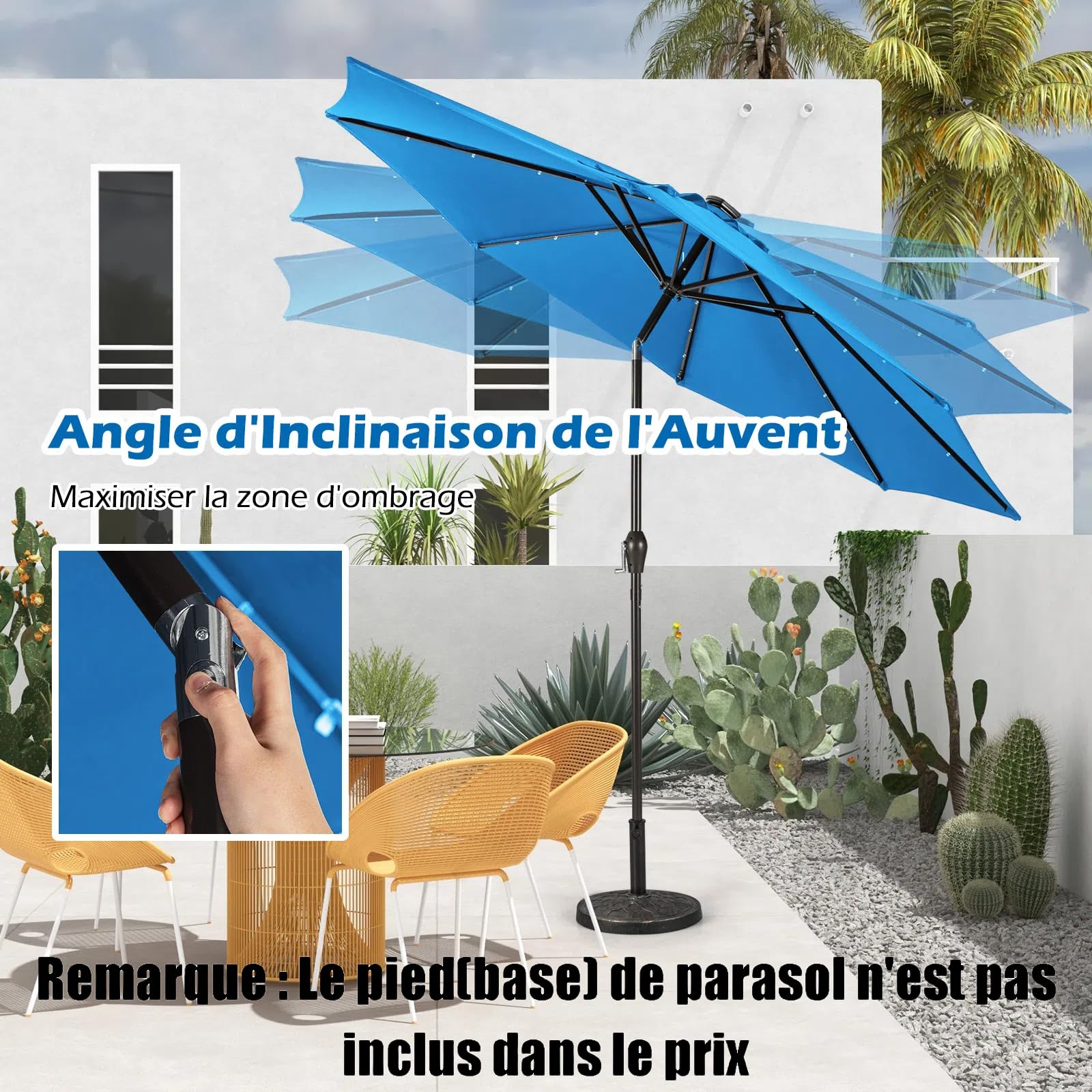 COSTWAY Parasol de Jardin Extérieur Ø 300 CM, Lumineux Solaire avec 24 LED, Inclinable avec 8 Baleines Métalliques Robustes, pour Balcon Jardin Terrasse (Bleu Clair)