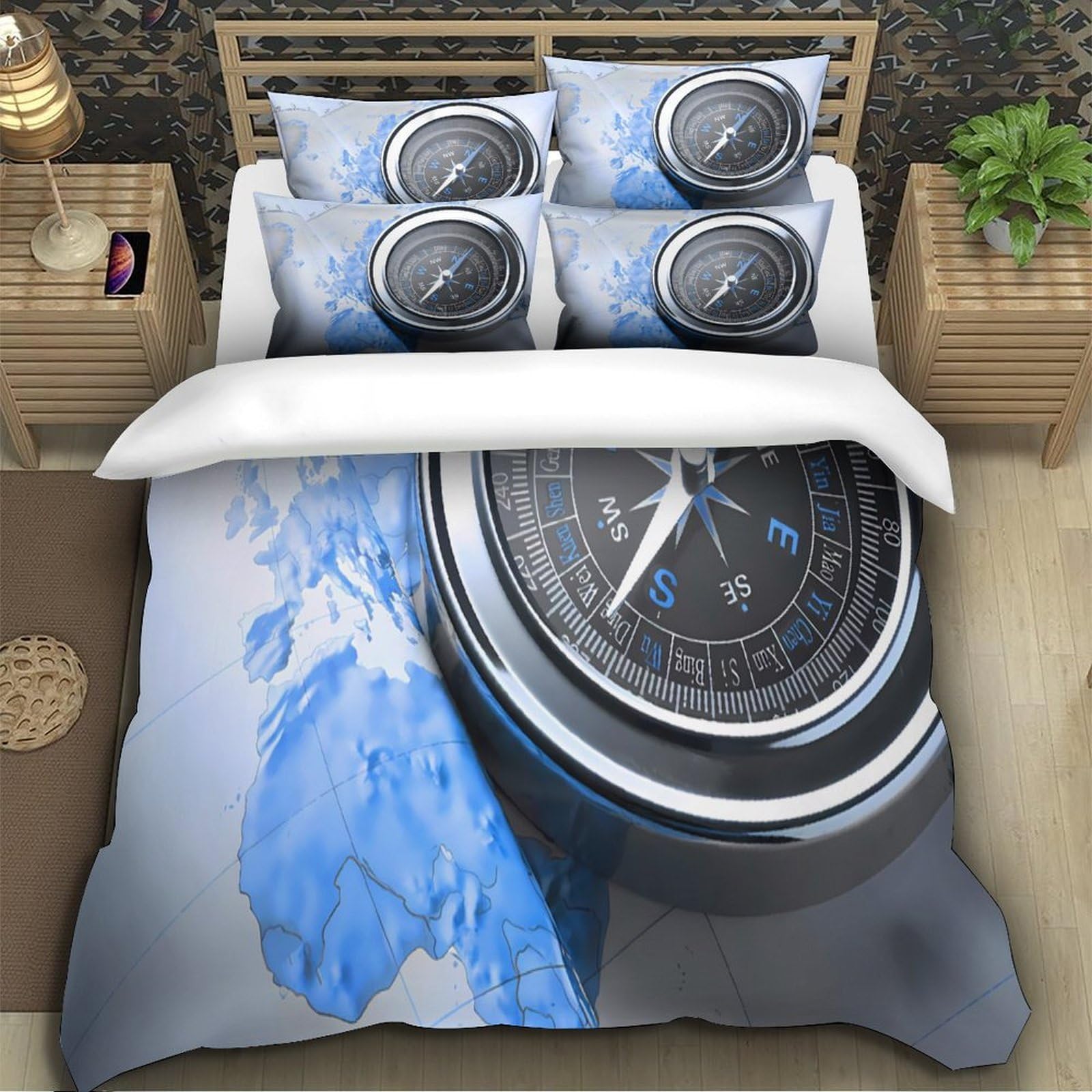 navegación con mapa y brújula 3D Impresión Funda de edredón 3pz Microfibra antimanchas diseño de guías de viaje Edredón funda 2 fundas resistente Adolescentes Adultos jóvenes Super king（260x220cm）