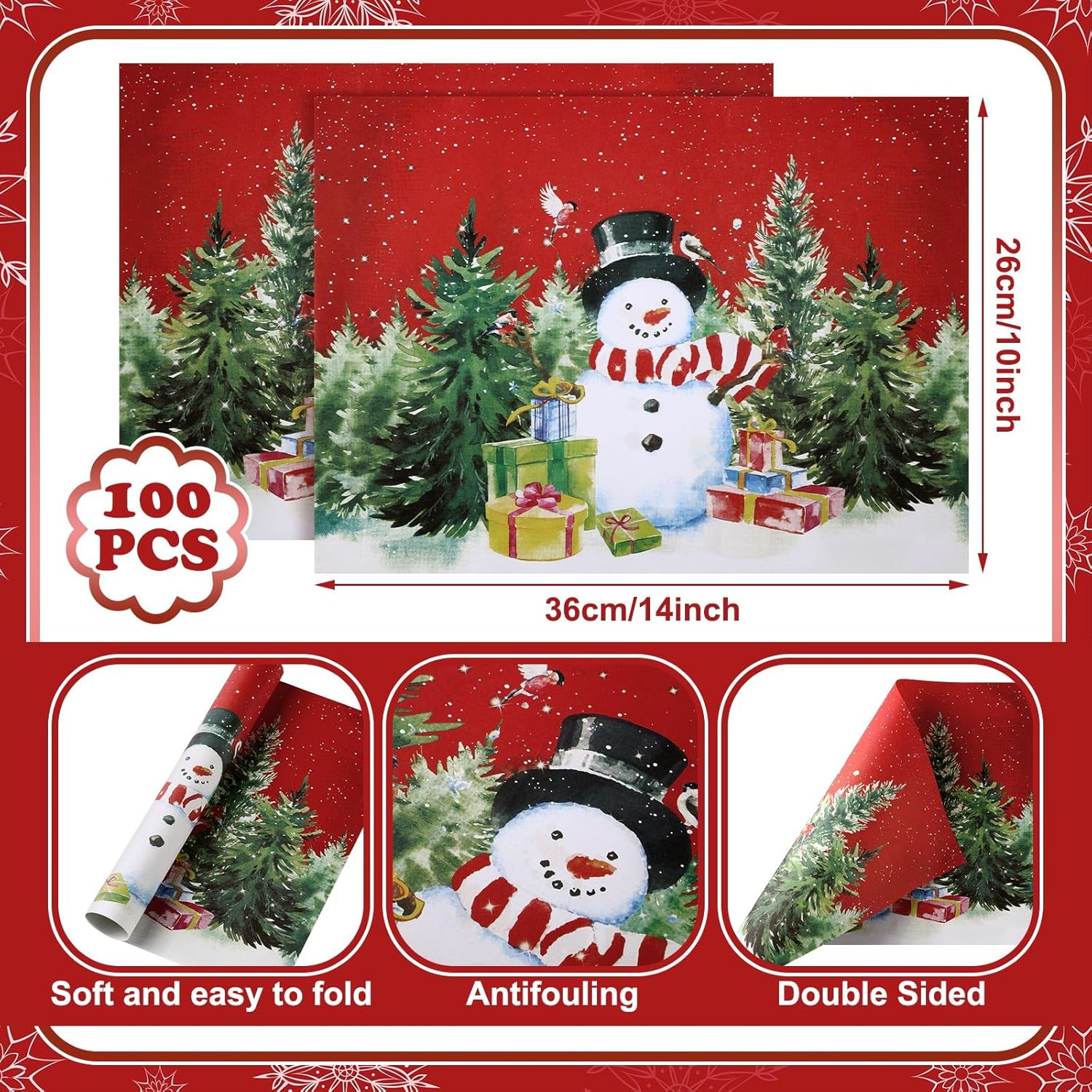 Lallisa 100 Pcs Christmas Snowman Paper Place Mats 14 x 10 in Disposable Paper Place Mats Dining Table Placemat Rectangle Kitchen Table Mat Place Mat for Christmas Wedding Party