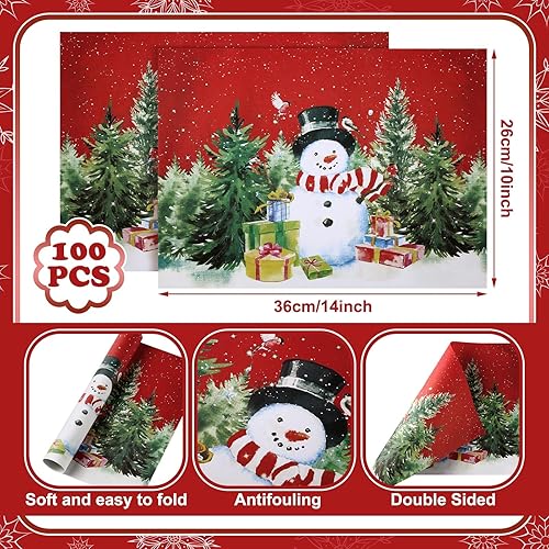 Miniatura 10 de Lallisa 100 manteles individuales de papel con árboles de Navidad verdes, Papá Noel, desechables, para mesa de comedor, diseño de muñeco de nieve,