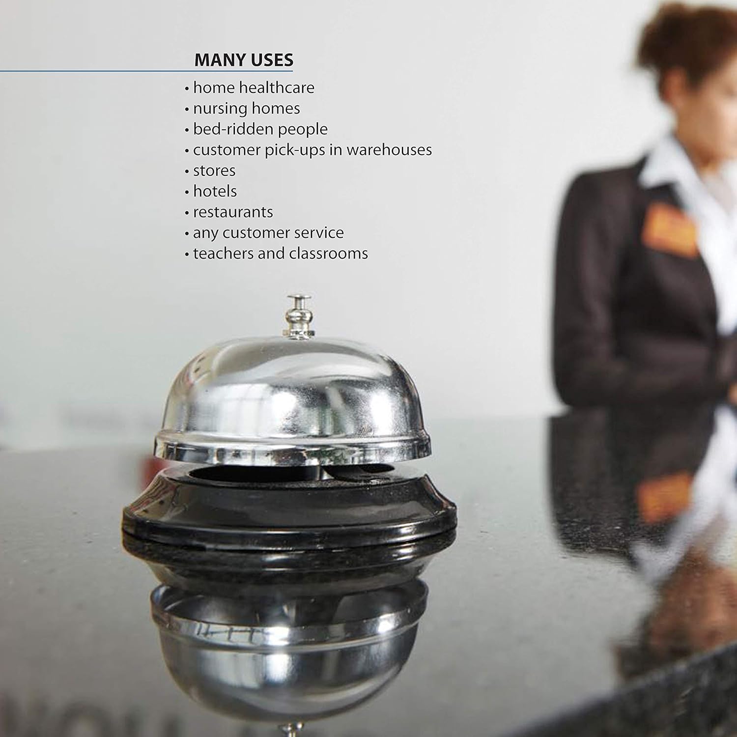 Call Bell Chrome Finish. Hand front desk ringing bell service hotel, counter, school teacher classroom, restaurant, reception, Hospitals, warehouse, office, dinner, kitchen, elderly ring. 3.38"/Silver : Office Products