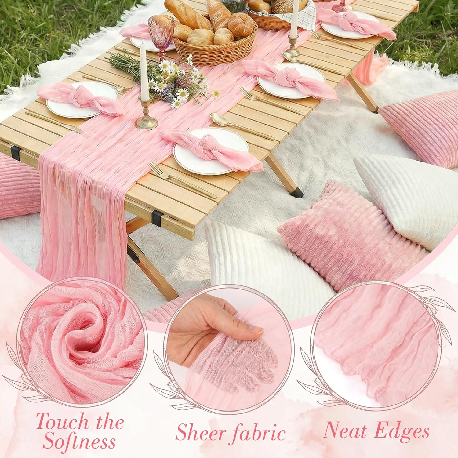 91 x 71 Extra Large Outdoor Boho White Picnic Blanket with Pink Table Runner, 6 Napkins and 6 Throw Pillow Covers Table Decor for Beach Picnic Camp Wedding Party Birthday Baby Shower