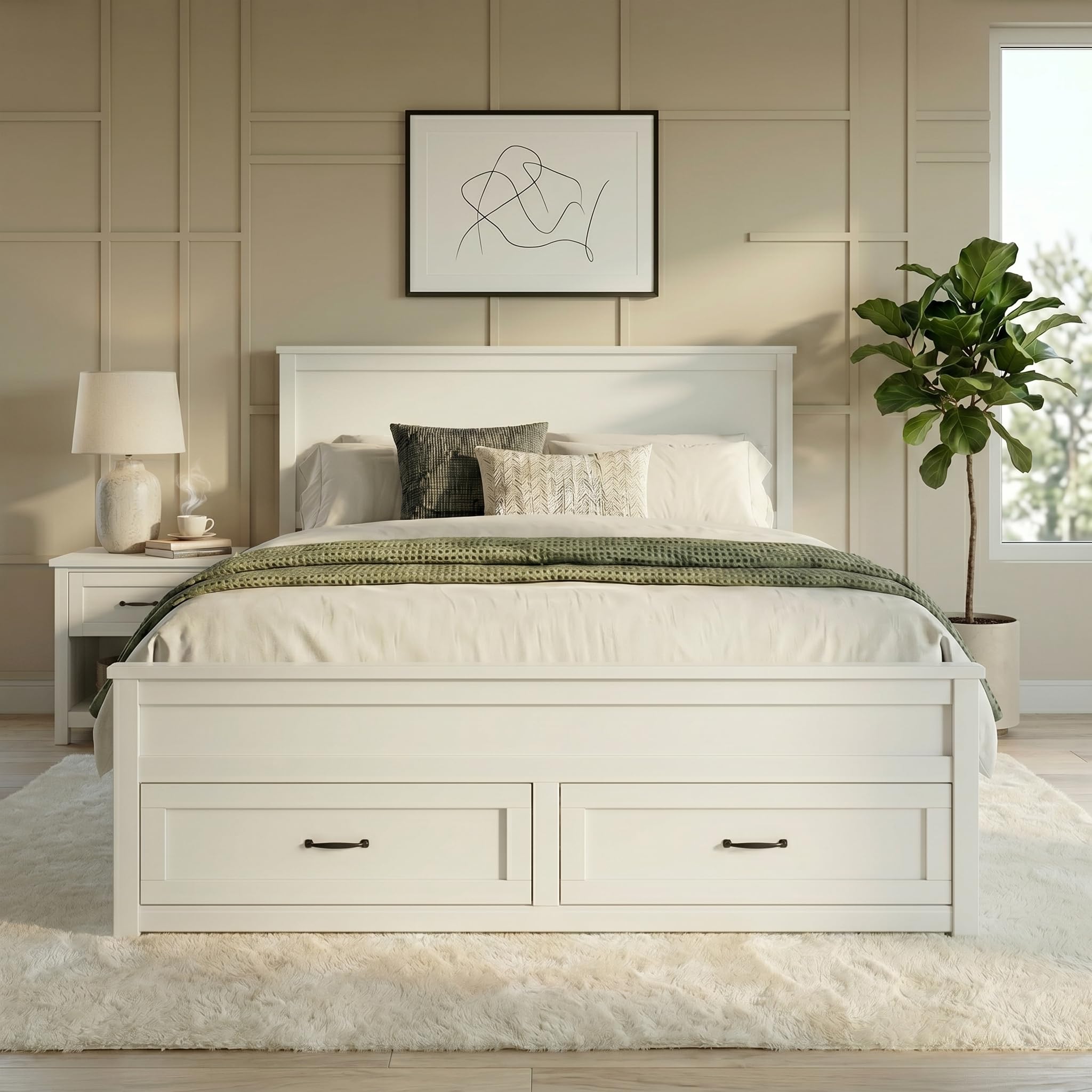 Virubi Queen Platform Bed Frame with Storage, White