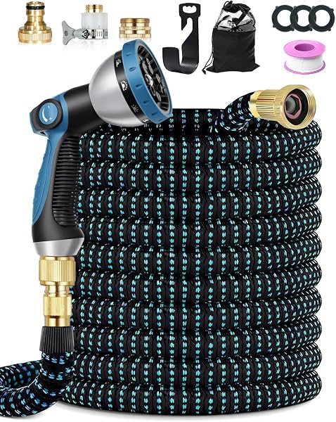 Garden Hose Pipe, 30M/100FT Expandable Garden Hose, 10 Spray Mode Hosepipe for Garden, 4 Layer Latex, 3/4"&1/2" Metal Connectors, Hands-Free Spray Gun, Flexible & No-Leak Water Hose for Washing, Blue - 1