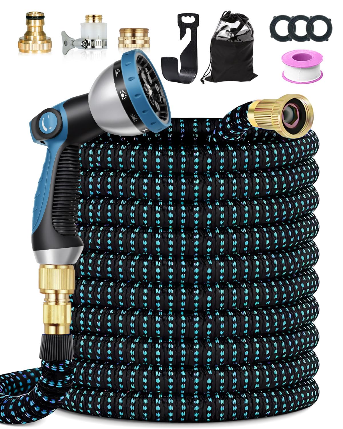 150FT/45M Expandable Garden Hose, 4-Layer Latex Leakproof Water Hose with 10 Function Spray Gun & Dual Size Metal Fittings, Multi-Use for Gardening, Car Wash, Yard & Pet Care, Blue