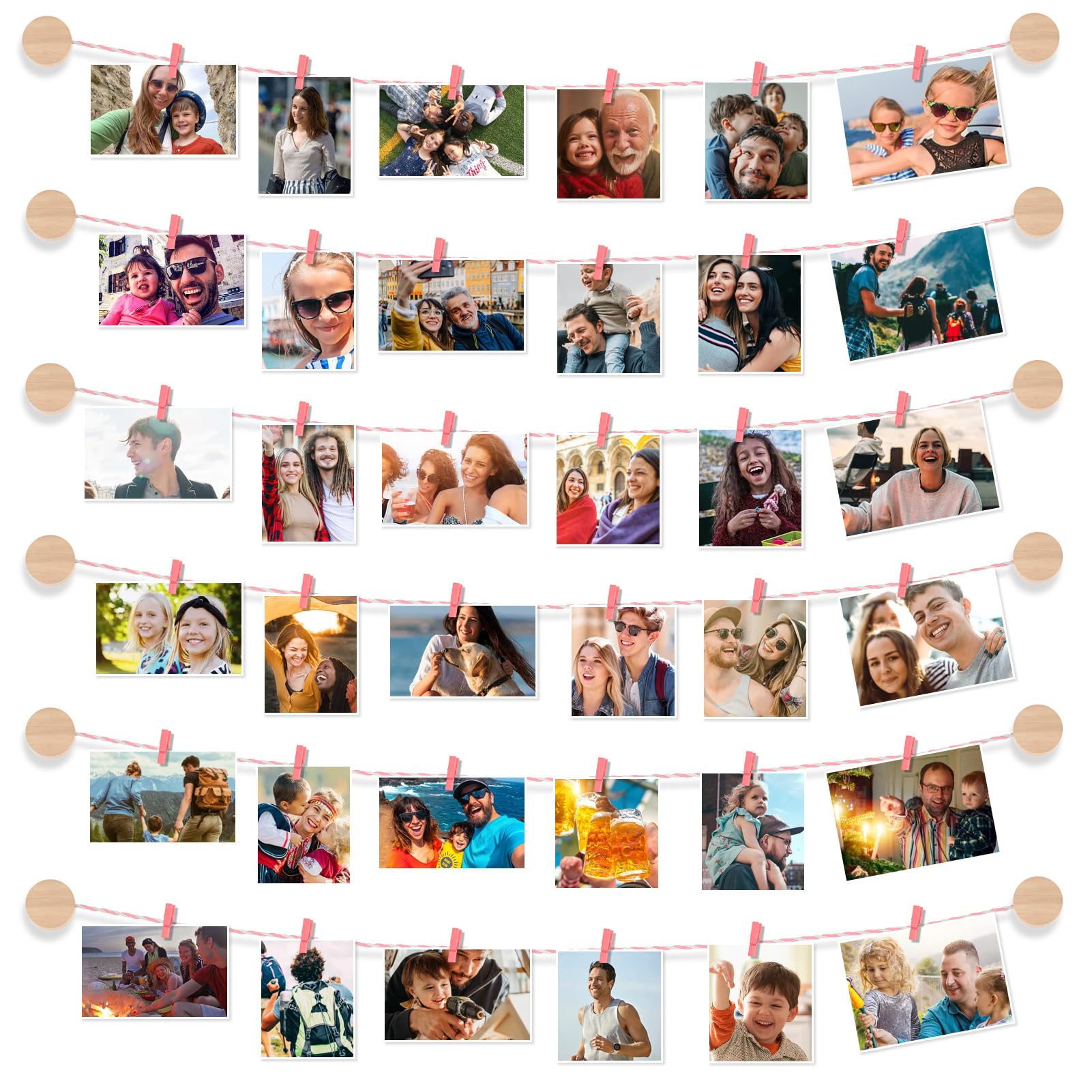 MOVEONSTEP Hanging Photo Display for Wall with 36 Clips, Picture Frames for Multiple Pictures, Greeting Card Holder Photo Display Board for Living Room, Bedroom, Home Decor, No Holes Drilling (RED)