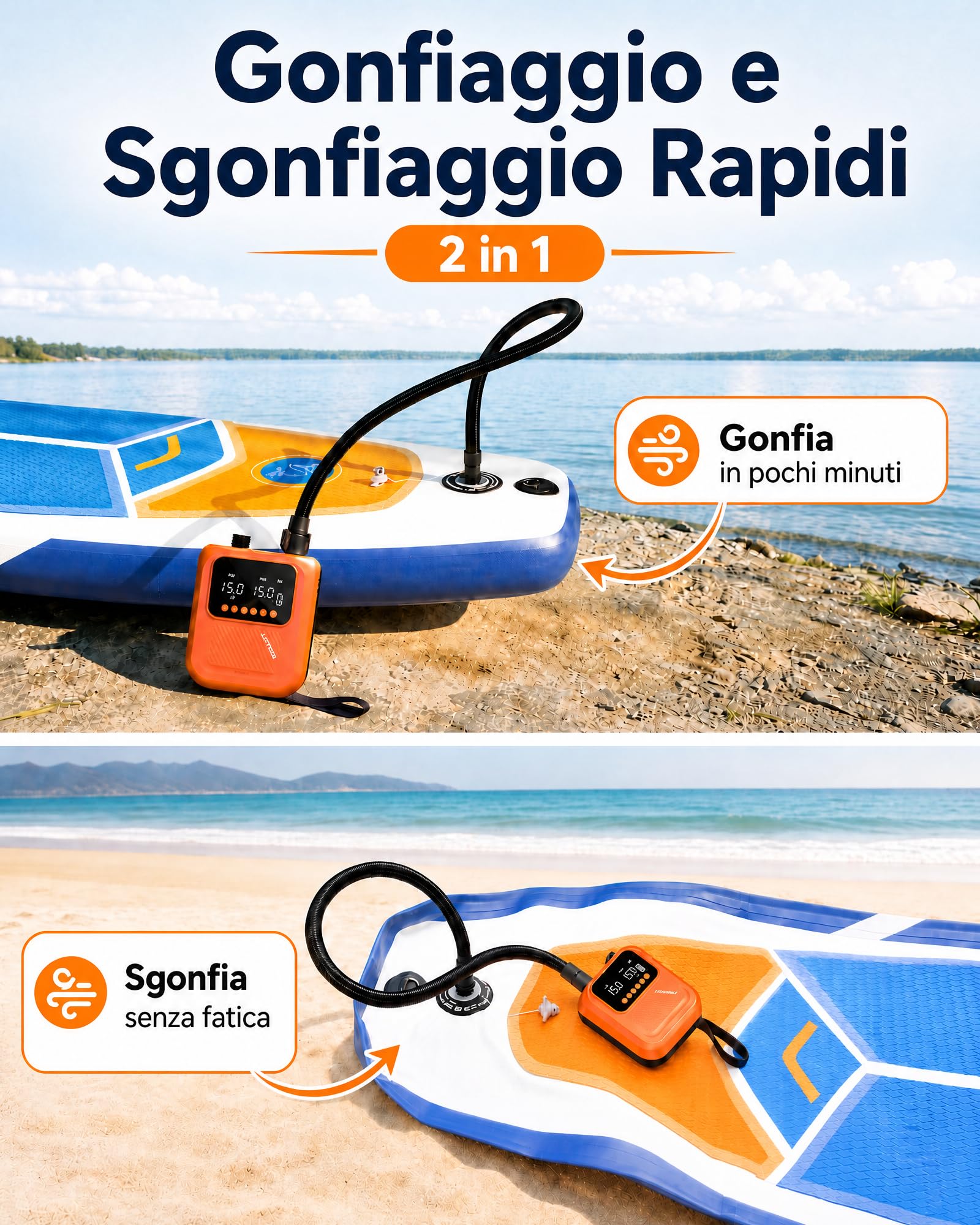 Accwork Pompa SUP Ricaricabile 20 Psi – Arresto Automatico, Gonfiare/Sgonfiare Pompa Batteria Elettrico Gonfiatore Materassi Gonfiabili, 7 Ugelli Per Sup, Canoa, Barca, Tenda, Kayak Gonfiabile