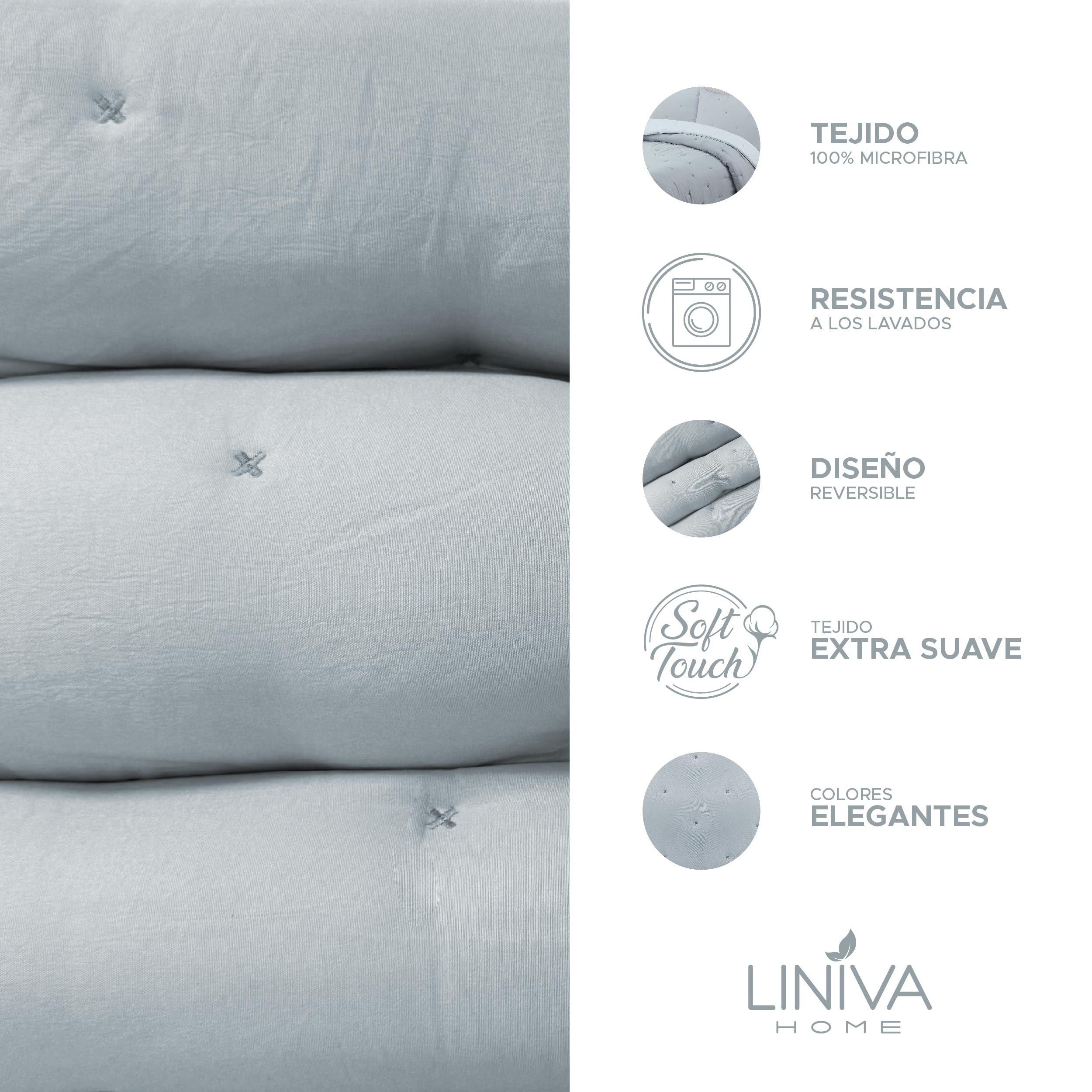 Liniva Home Comforter De Microfibra Reversible. Edredón 100% Microfibra Tacto Extra Suave - Modelo Zuri - Incluye Funda de Cojín. (Gris, Cama 135 cm)