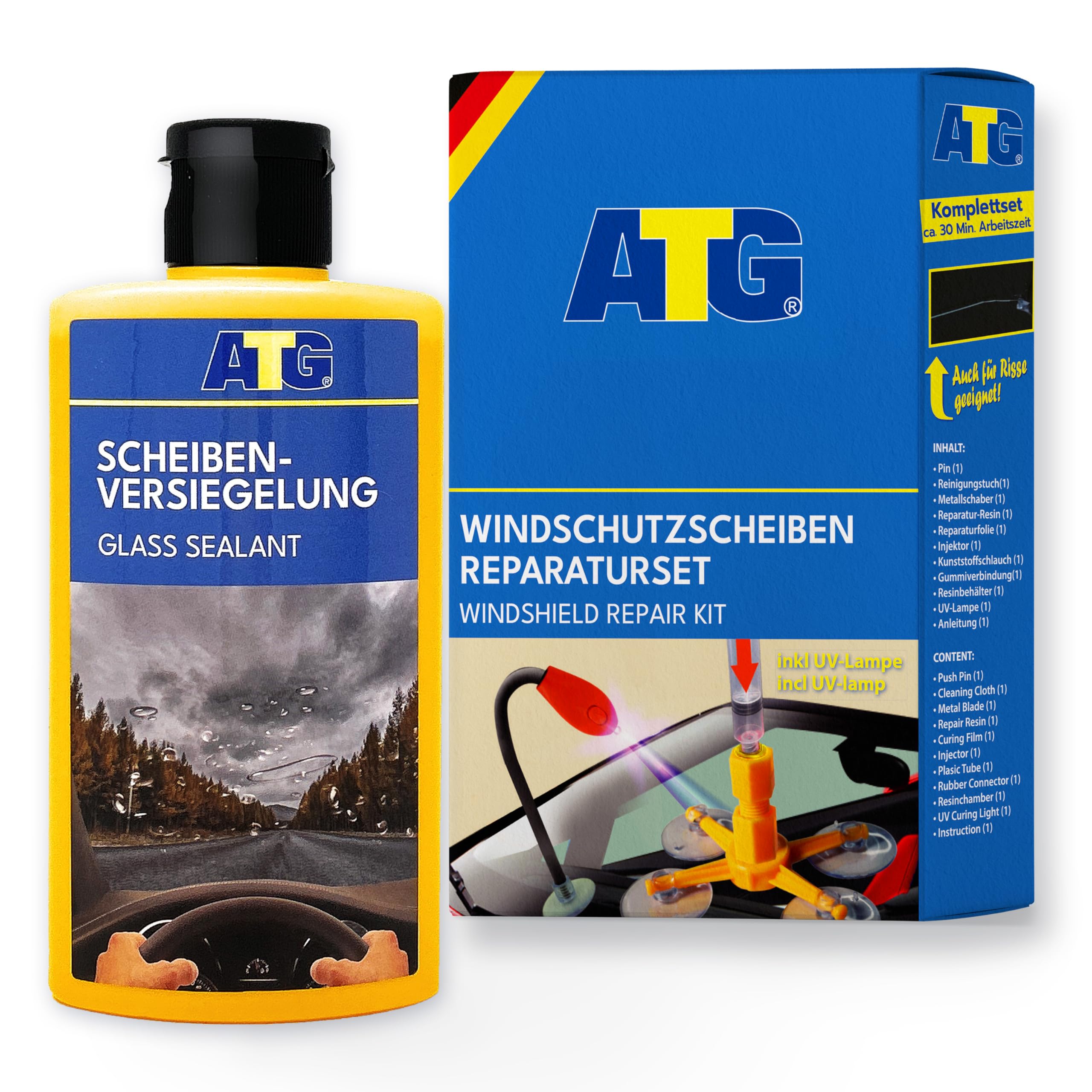 ATG® Scheibenreparatur Set mit UV-Lampe + Scheibenversiegelung 250ml – DIY Reparatur bei Steinschlag & Regen-Abperleffekt – Klarer Durchblick & Schutz für Windschutzscheiben