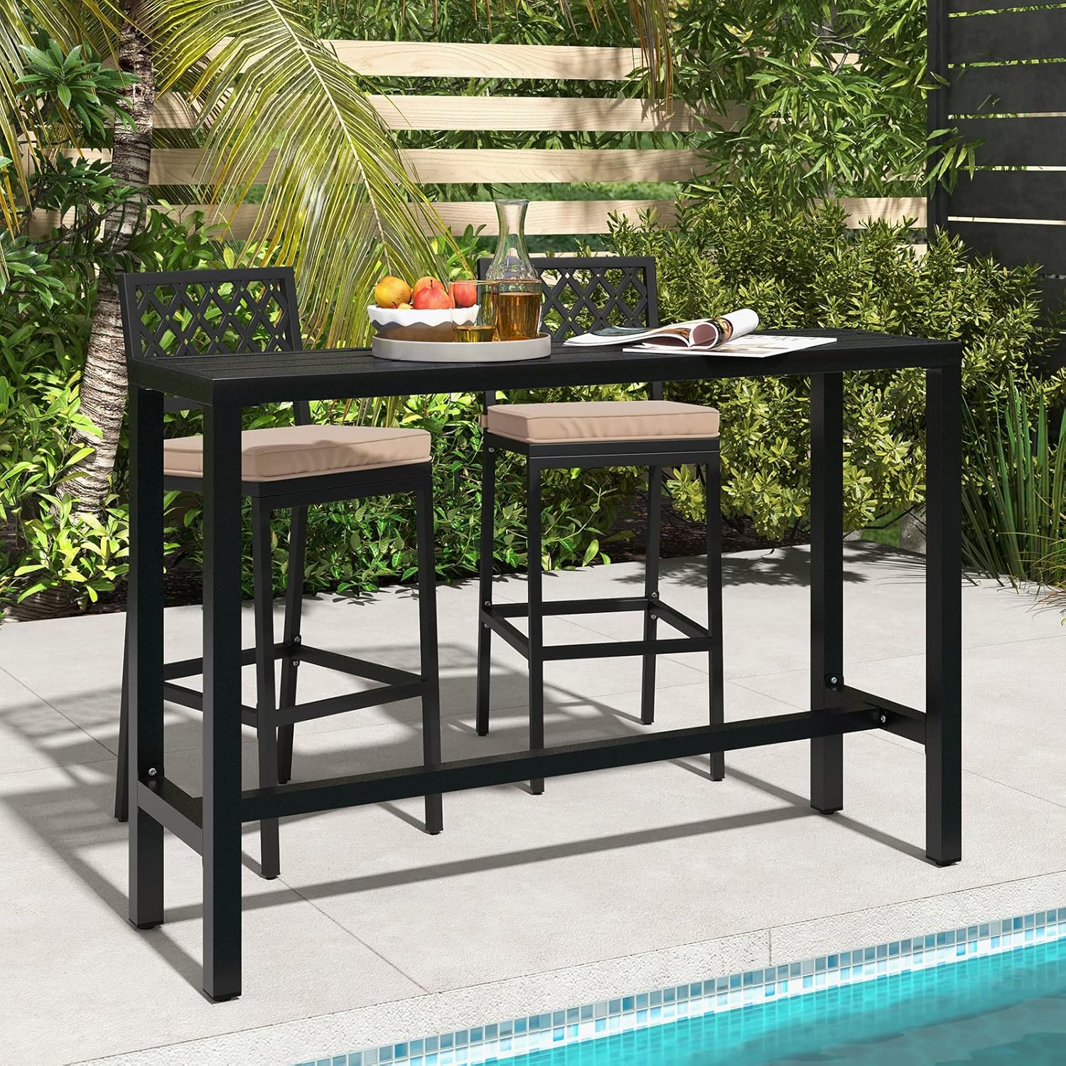 COSTWAY 3 Piece Outdoor Bar Table and Chairs Set, 55" Pub Height Bar Table & 2 Cushioned Bar Stools with Rhombus Backrest, Metal Patio Bar Table Set for Balcony, Backyard, Porch, Pool