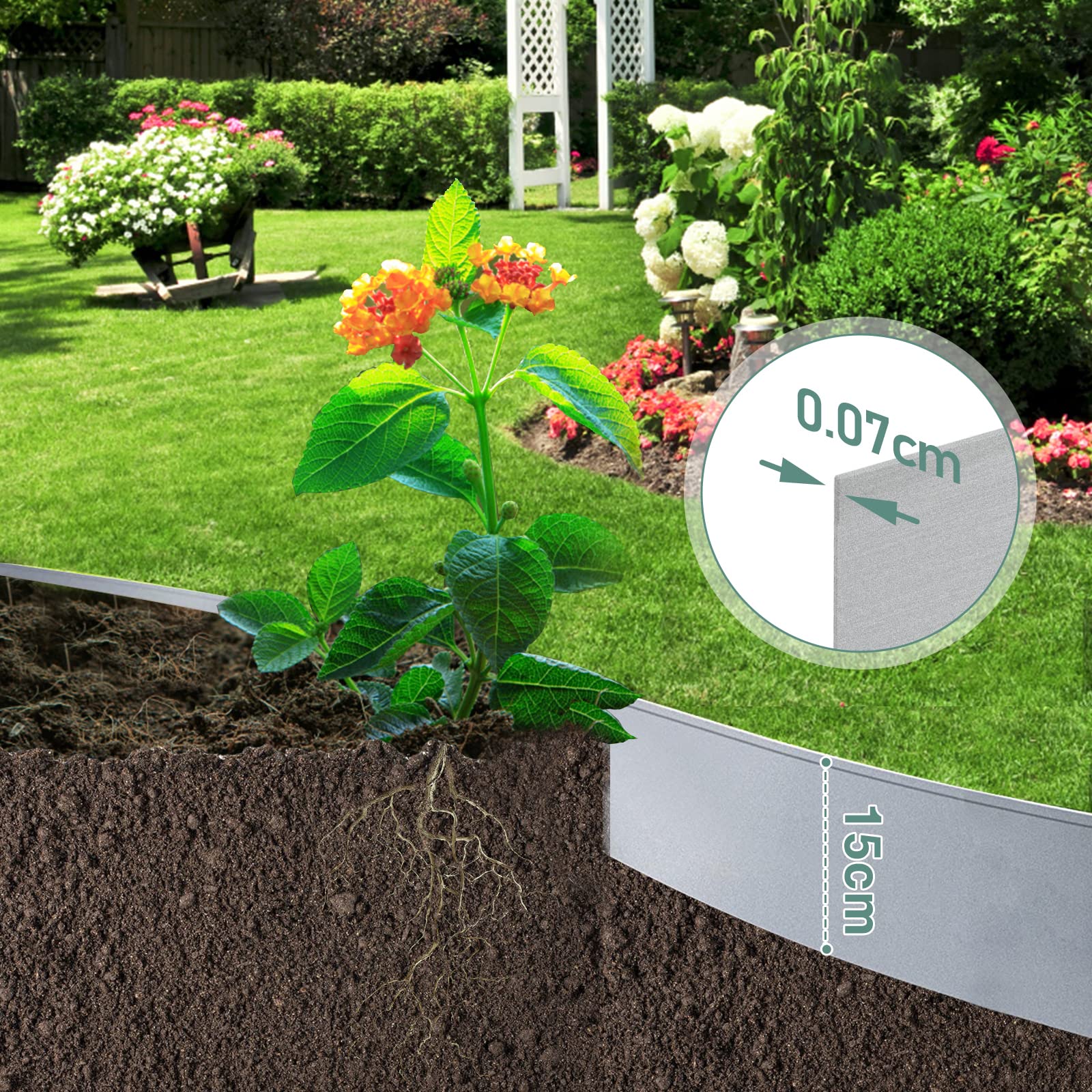 Ikodm Rasenkante 5m 10m 15m 20m 30m 40m 50m Rasenkante Metall, 100x15cm Verzinkt Beeteinfassung Beetumrandung Mähkante Metall Palisade, kann für Bauernhof, Garten, Hof, Länge 50m - Höhe 15cm-Silbrig