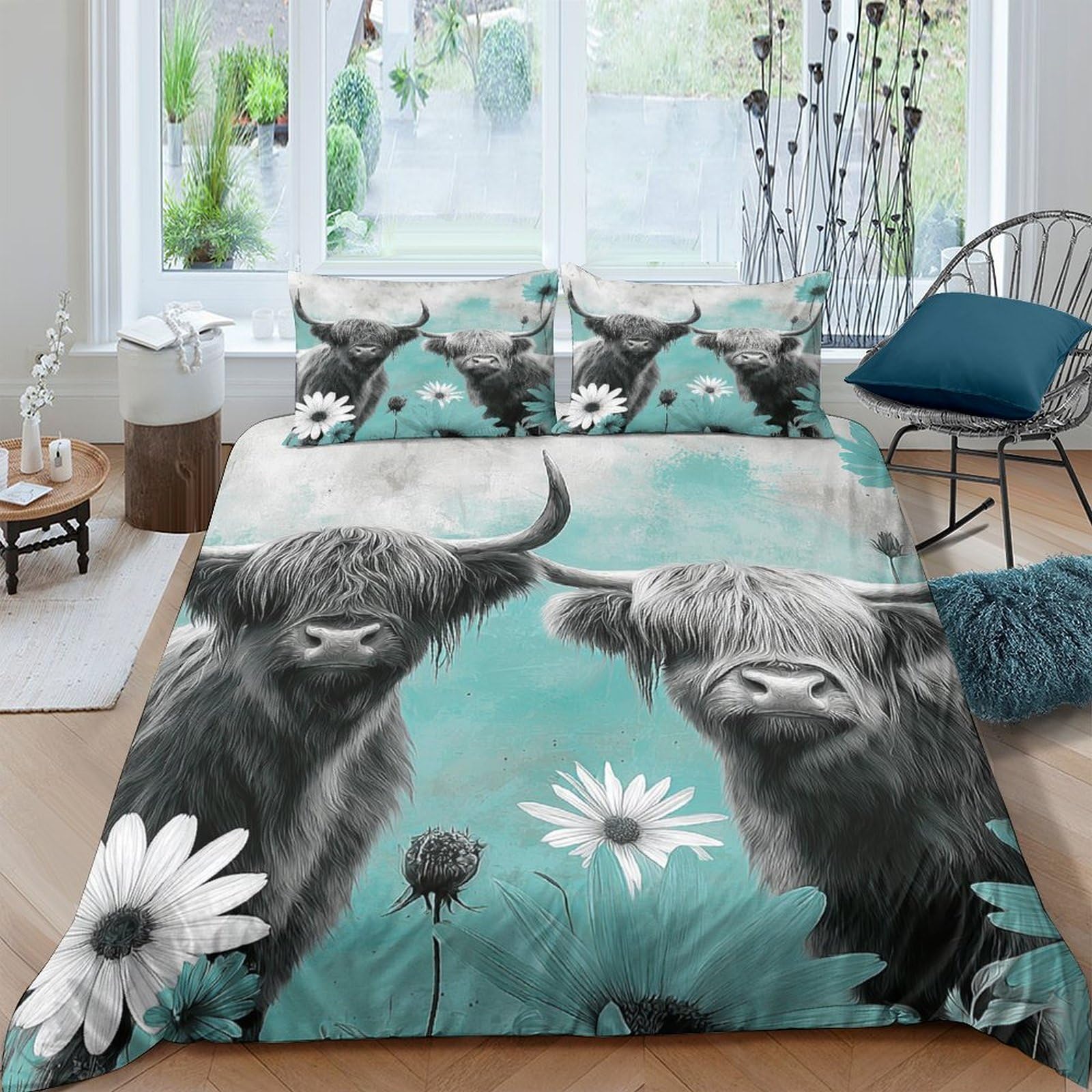 Ctjqhvkz Style-2 3D Printed Highland Cow Fitted Sheet Microfiber Turquoise Floral Mattress Cover For Bedroom Guest Room Decor Single（135X200cm）