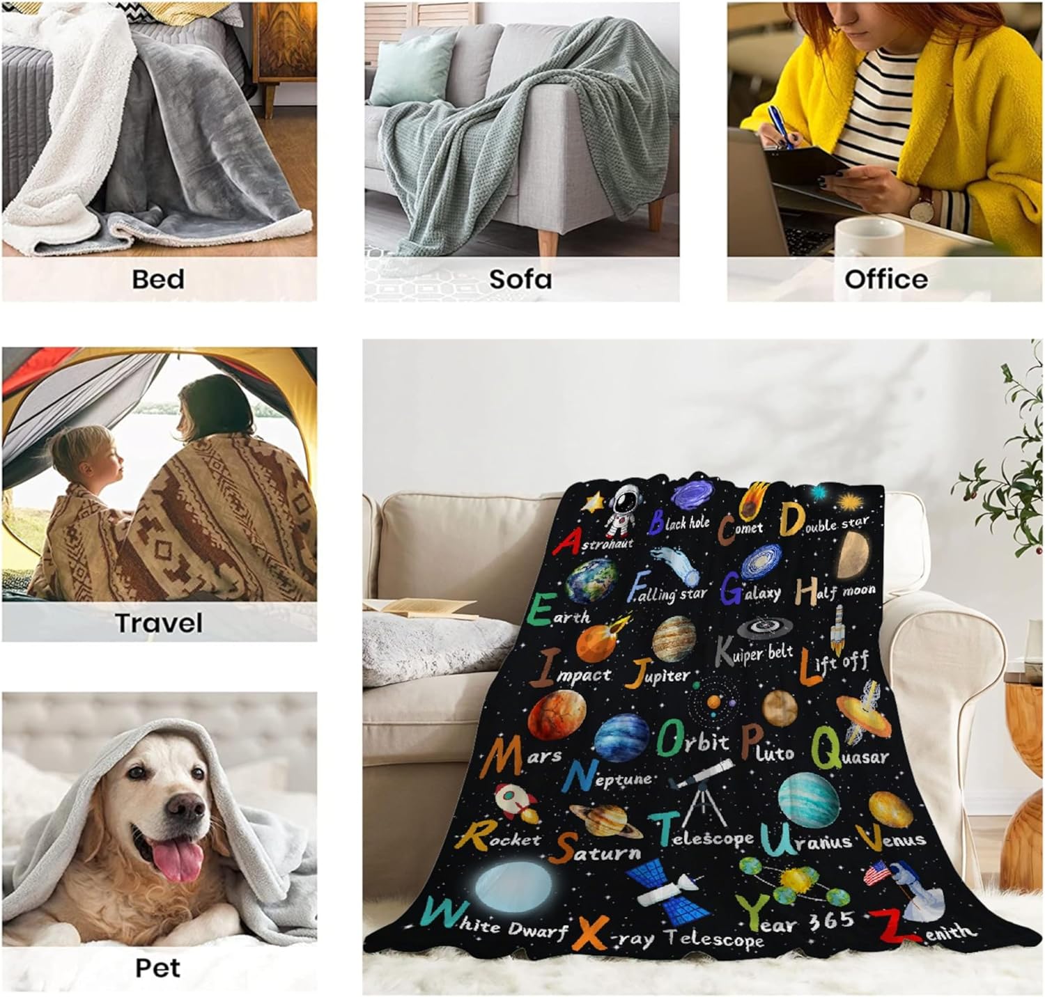 Space Alphabet Blanket Planet Astronaut Gift for Boys Kids Adults Super Soft Flannel Throw Blanket for Sofa Couch Bed Camping Travel Plush Warm Cozy Bed Quilts Home Decor, 40"x50"for Kids/Baby - Image 7