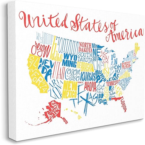Stupell Industries Mapa de tipografía de los Estados Unidos de América, tonos primarios, diseñado por Jace Grey Canvas Wall Art, 24 x 30, azul