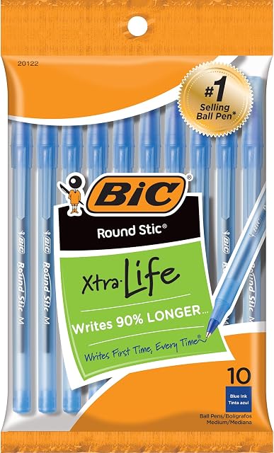 BIC Round Stic Ball Pens, Medium Point, Blue, 10-Count