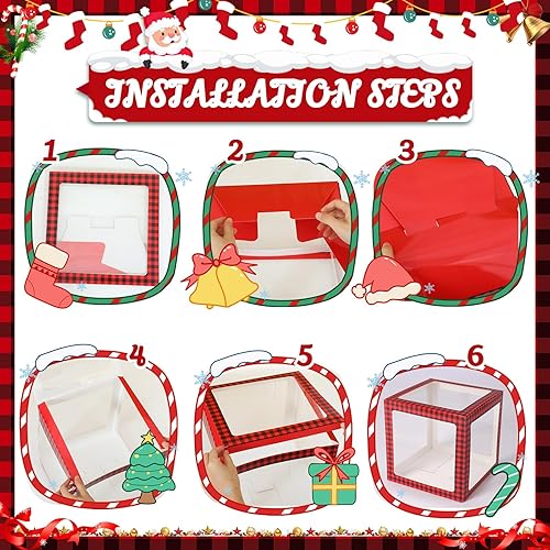 Miniatura 6 de Marsui Cajas de regalo iluminadas de Navidad, 16 piezas de decoraciones de fiesta de Navidad, caja transparente grande a cuadros rojos y negros con