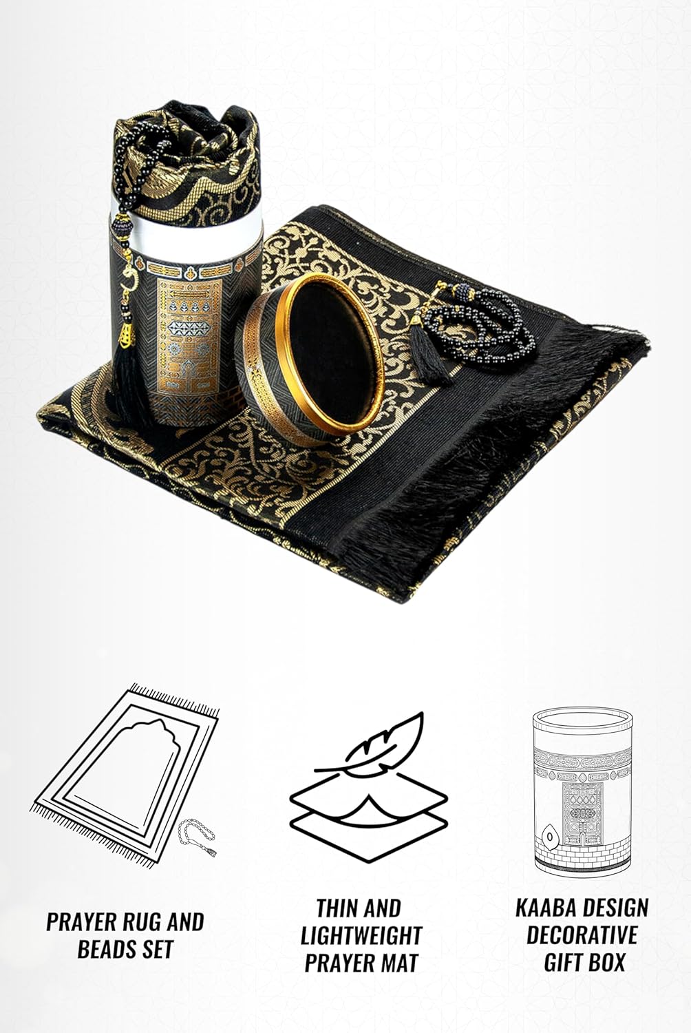 ihvan online Muslim Prayer Rug and Prayer Beads with Elegant Design Cylinder Gift Box, Janamaz, Soft Sajadah, Islamic Gifts Set, Portable Prayers Carpet Mat, Taffeta Fabric, Black - Image 6