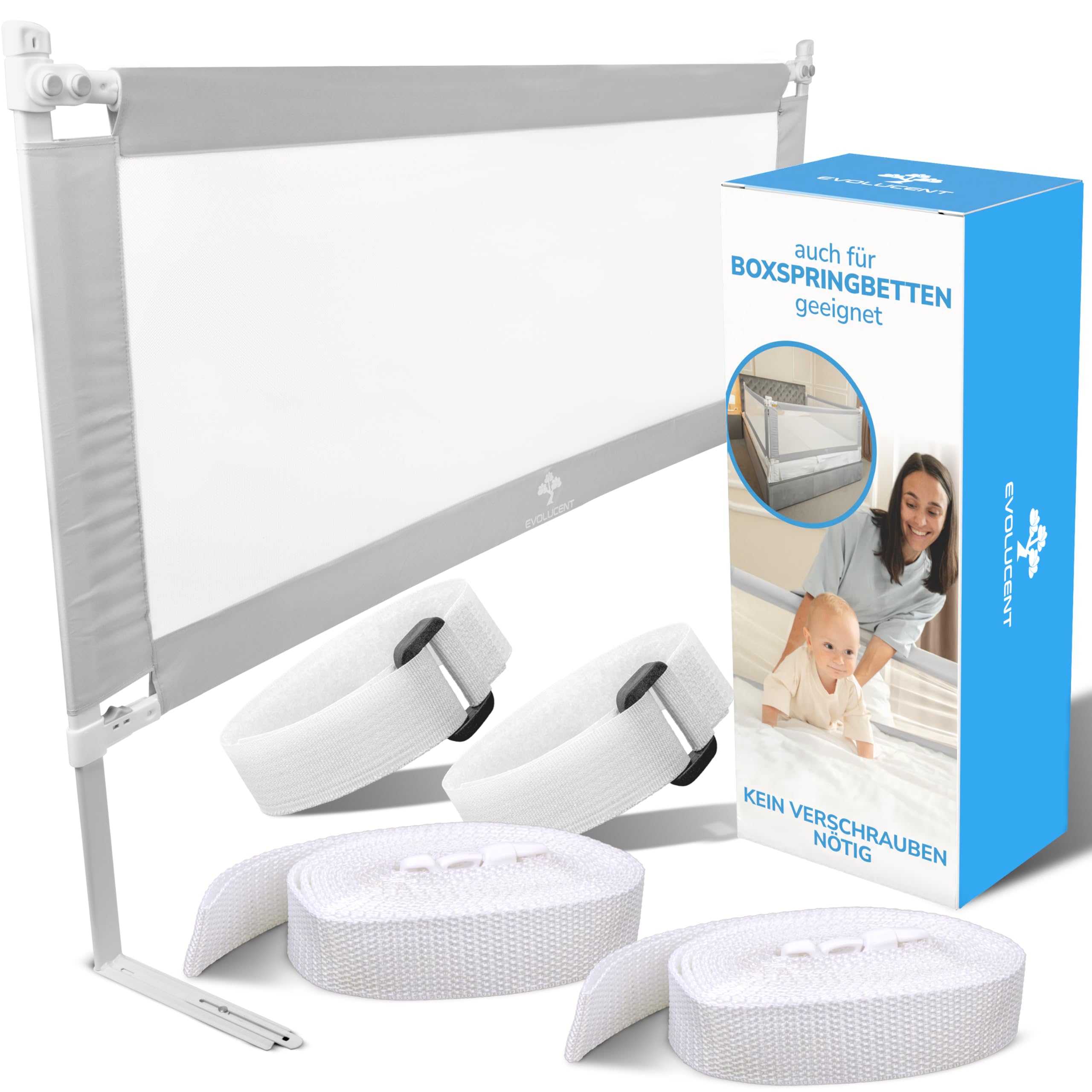 EVOLUCENT Bettgitter 200cm | Stabil ohne Verschrauben | Rausfallschutz für Boxspringbett und Elternbett | Bettschutzgitter mit Klett- und Klickgurten | Waschbares Mesh [1 Seitenteil]