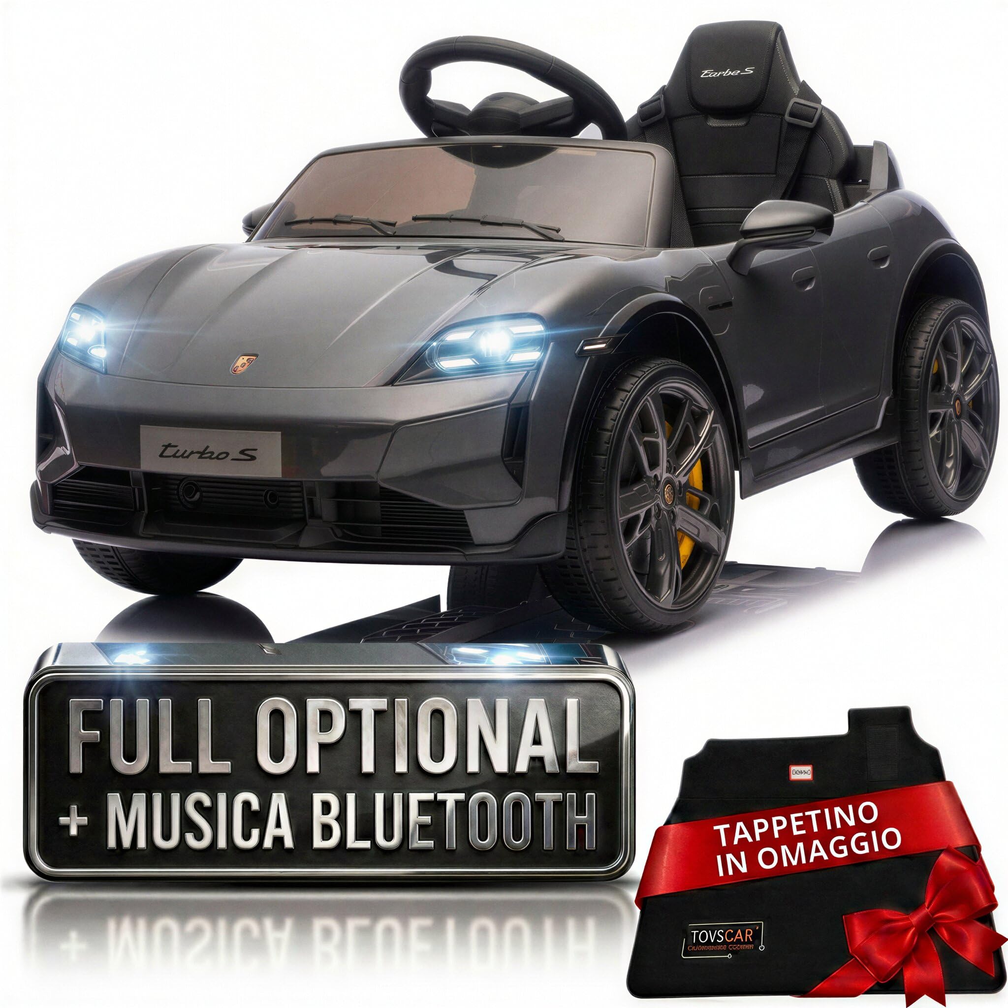TOYSCAR Auto Elettrica per Bambini 12V Porsche Taycan Turbo S con Telecomando 2.4GHz, 2 Motori, Porte Apribili, Bluetooth Luci LED Tappetini, Macchina Elettrica Bambino (Nero)