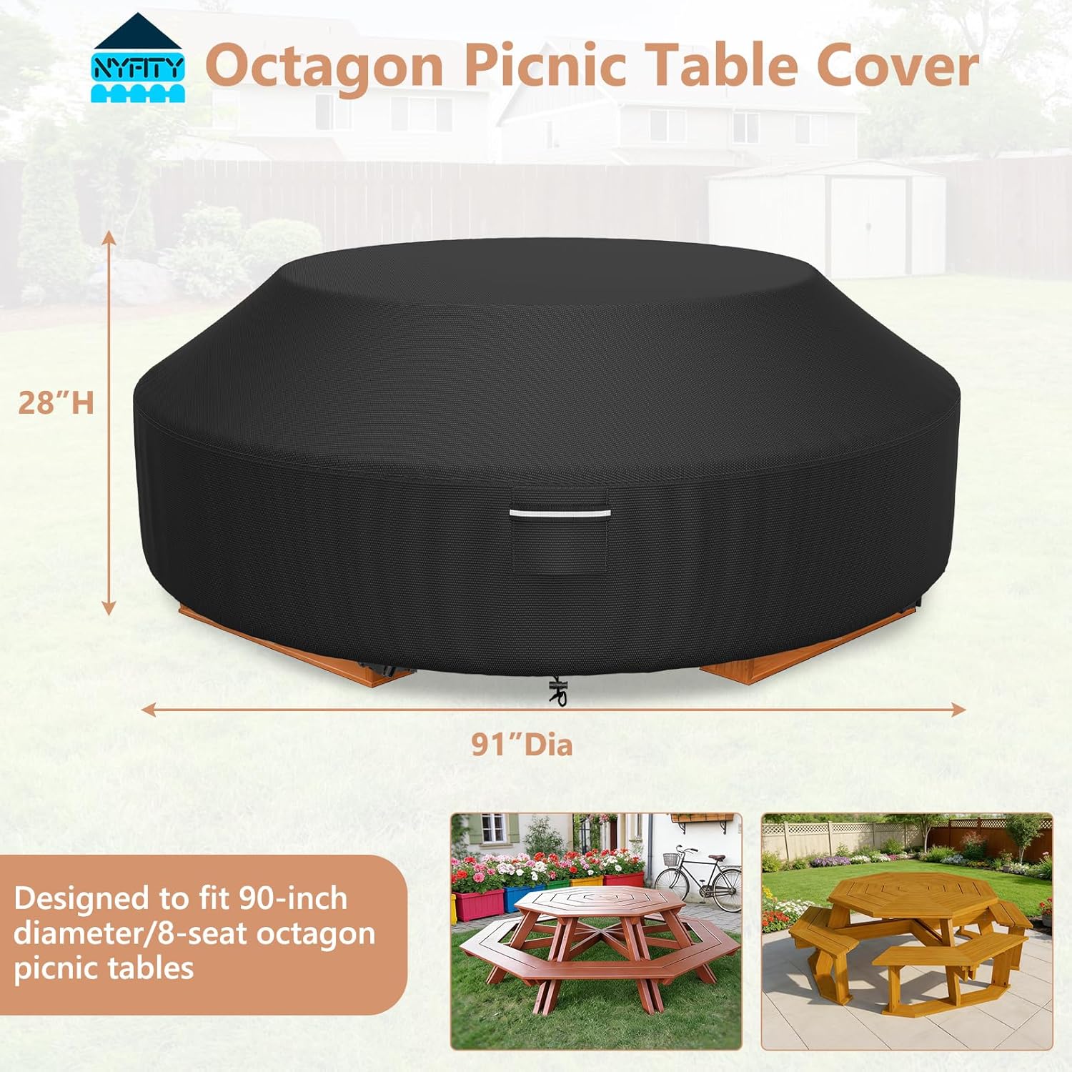 Waterproof Octagonal Picnic Table Cover, 91 In Patio Picnic Table Cover All-Weather Protection, Fits 8-Sided 6–8 Seat Dining Table with Drawstring, Black
