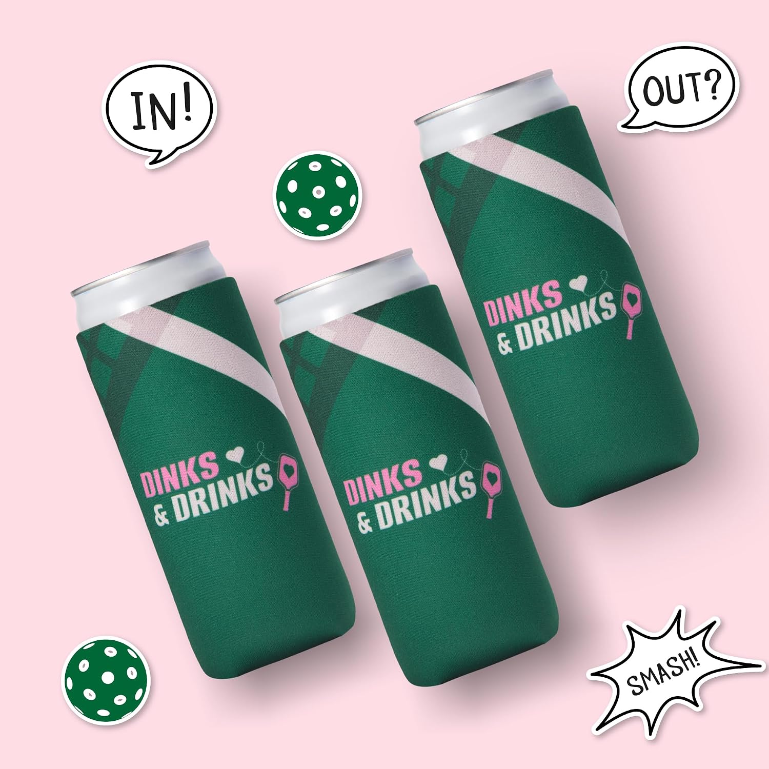 Dinks & Drinks Funny Pickleball Gifts for Women I Pickleball Themed Slim Can Coolers Set I Girly & Trendy Drink Insulators for Pickleball Party I Perfect Pickleball Accessories for Women (11, Pack)