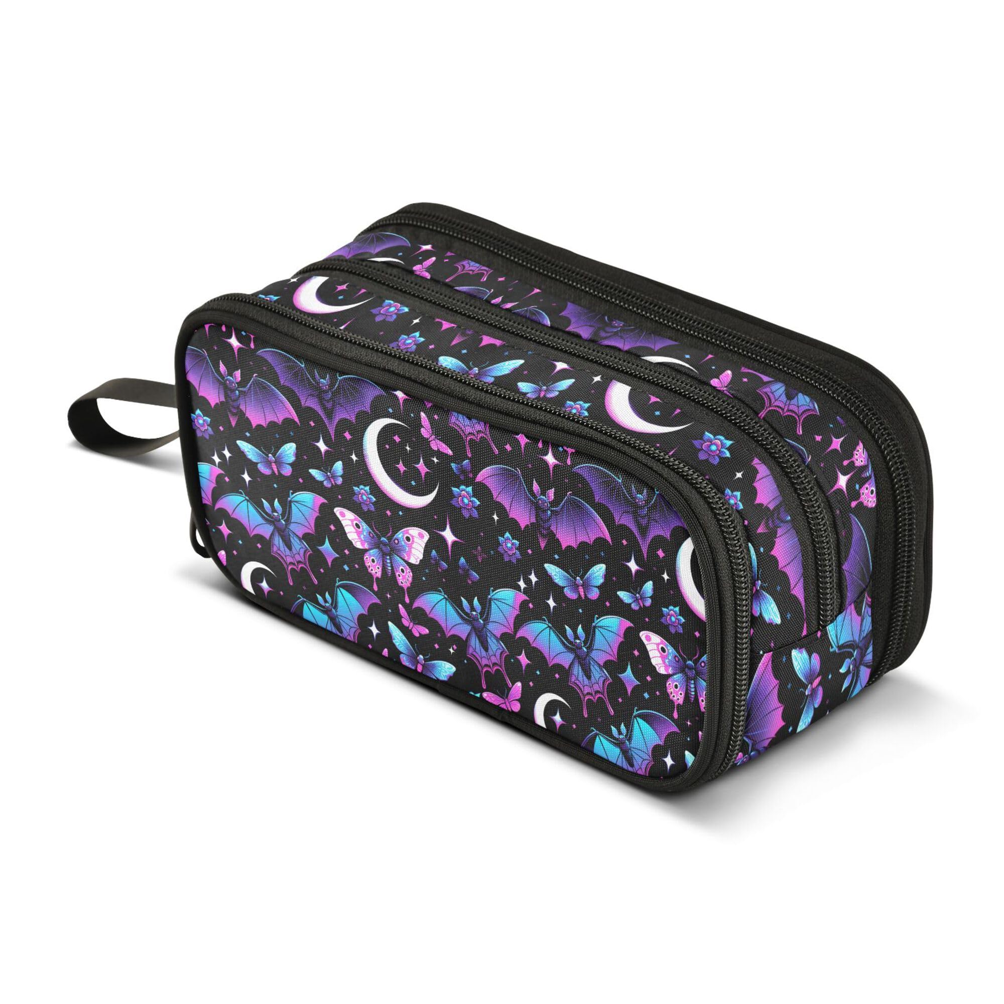 Large Pencil Case, Big Capacity Pencil Bag Pen Pouch Holder 3 Compartments, Neon Purple and Bats Stars and Moons School Office Supplies Stationery Makeup Bag Storage Organizer for Students Girls Boys