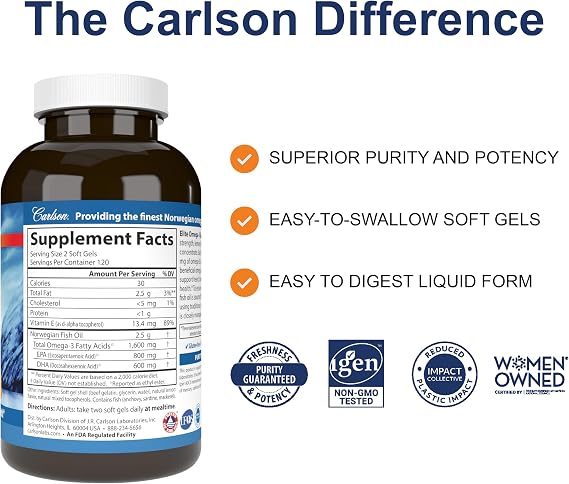 Carlson Elite Omega-3 Gems 1600 mg Omega 3 Fatty Acids Including EPA and DHA, Norwegian, Wild-Caught Fish Oil Supplement, Sustainably Sourced Fish Oil Capsules, Lemon - 60 Softgels