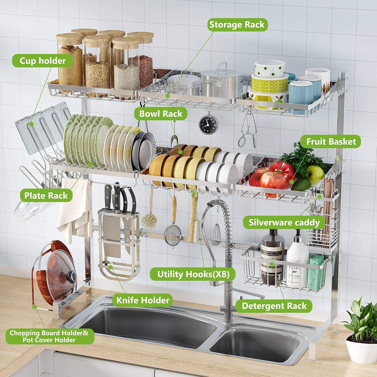 1Easylife Over The Sink Dish Drying Rack 3 Tier Stainless Steel Large Kitchen Rack Dish Drainers for Home Kitchen Counter Storage, Shelf with Utensil Holder, Above Sink Shelves