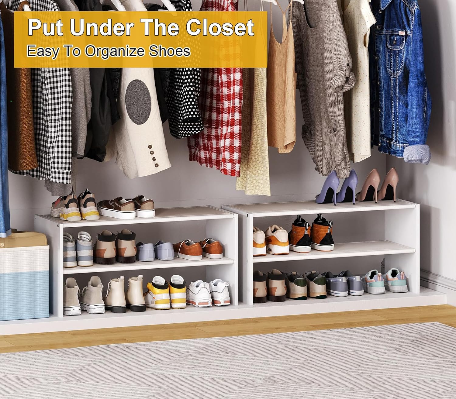 2 Tier Small White Shoe Rack For Closet, Stackable Shoe Shelf Organizer for 9 -12 Pairs of Shoes, Small Shoe Storage Organizer for Entryway, Hallway, Garage,Living Room, Bedroom, Size 28.5"* 11" * 13"