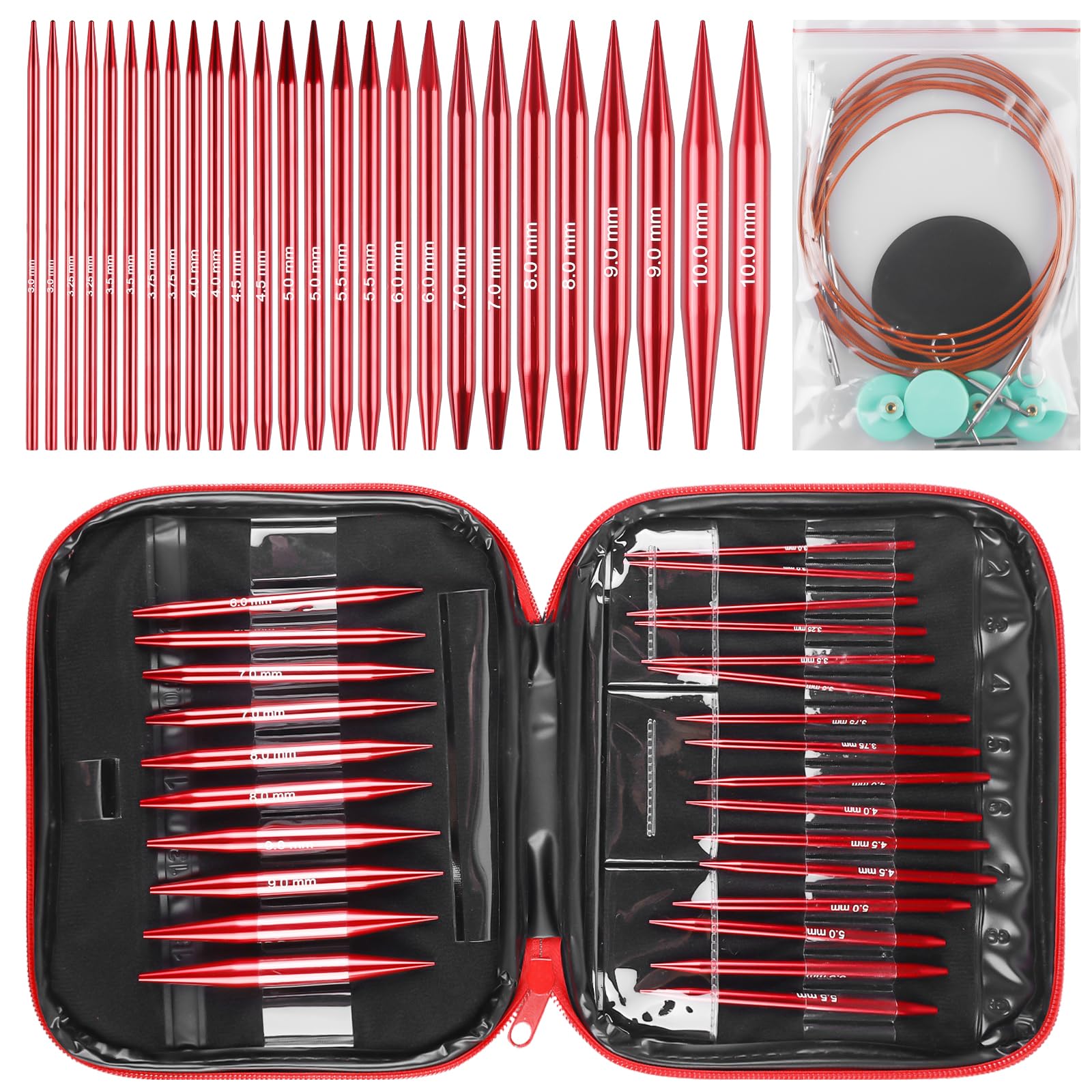 Behogan Set di ferri circolari intercambiabili, 3,0 – 10,0 mm, ferri da maglia intercambiabili con custodia, ideali per progetti a maglia, principianti e professionisti, alluminio, rosso