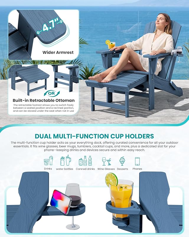 SERWALL 2-Pcs HDPE Folding Adjustable Adirondack Chair with Ottoman, Blue image 3