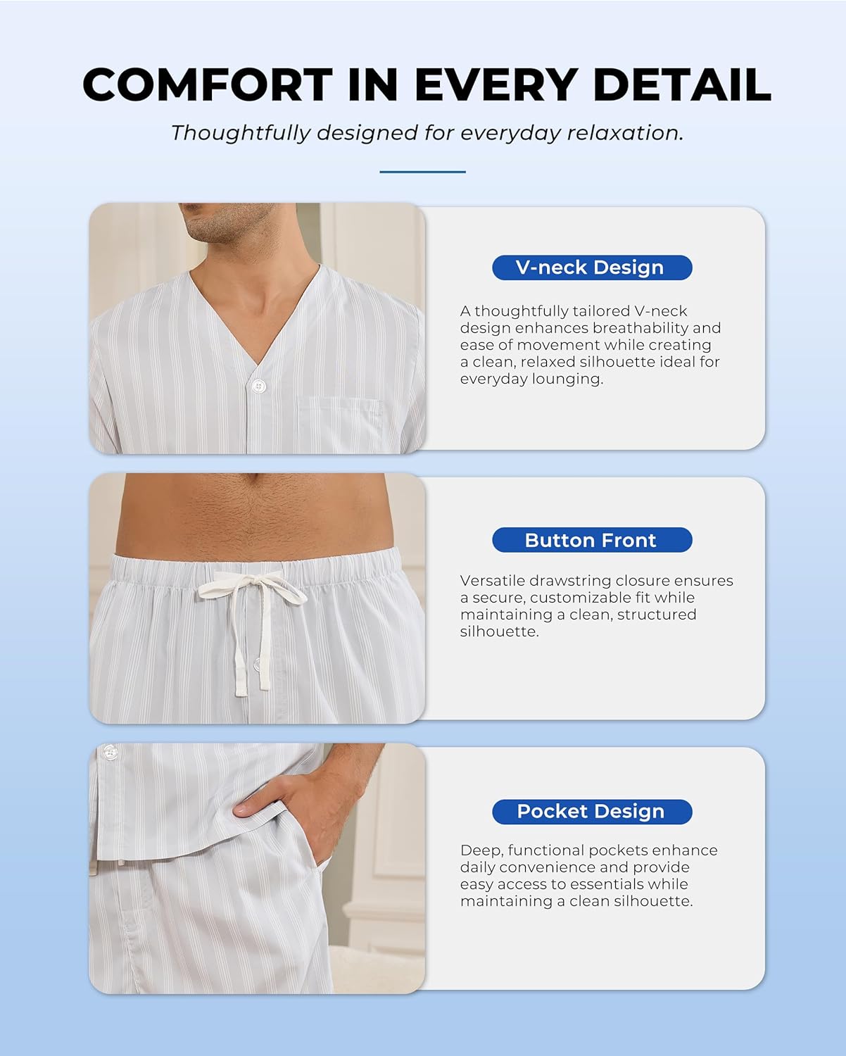 Vulcanodon Mens Striped Pajama Set Cozy Lightweight Short Sleeve Button Down Lounge Pjs with Pockets and Button Fly - Image 5