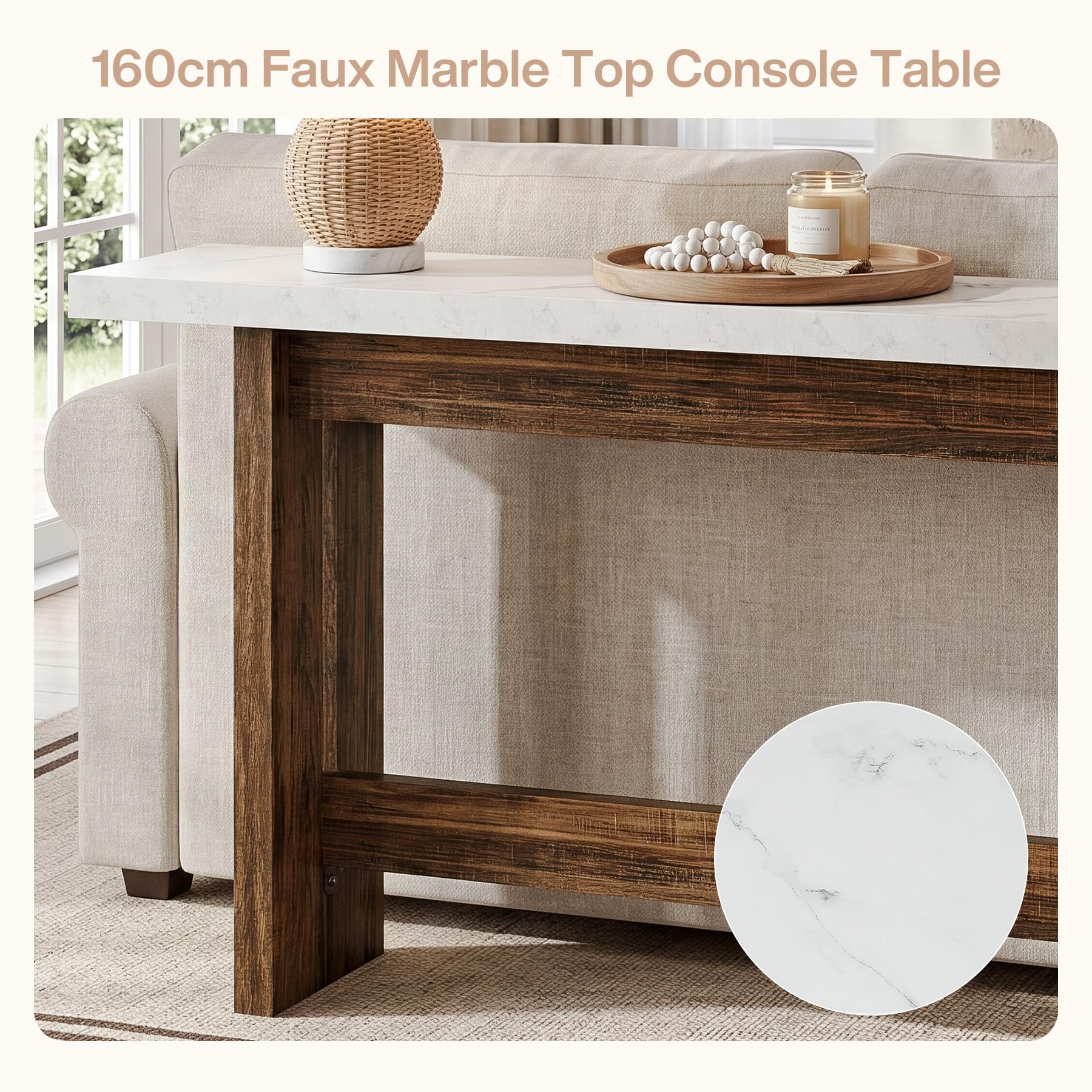 Tribesigns 160cm Legno Tavolo Consolle, Tavolo da ingresso Stile Fattoria con Piano Finto Marmo, Tavolo lungo e Stretto Dietro il Divano per Entryway, Corridoio, Soggiorno, Ingresso