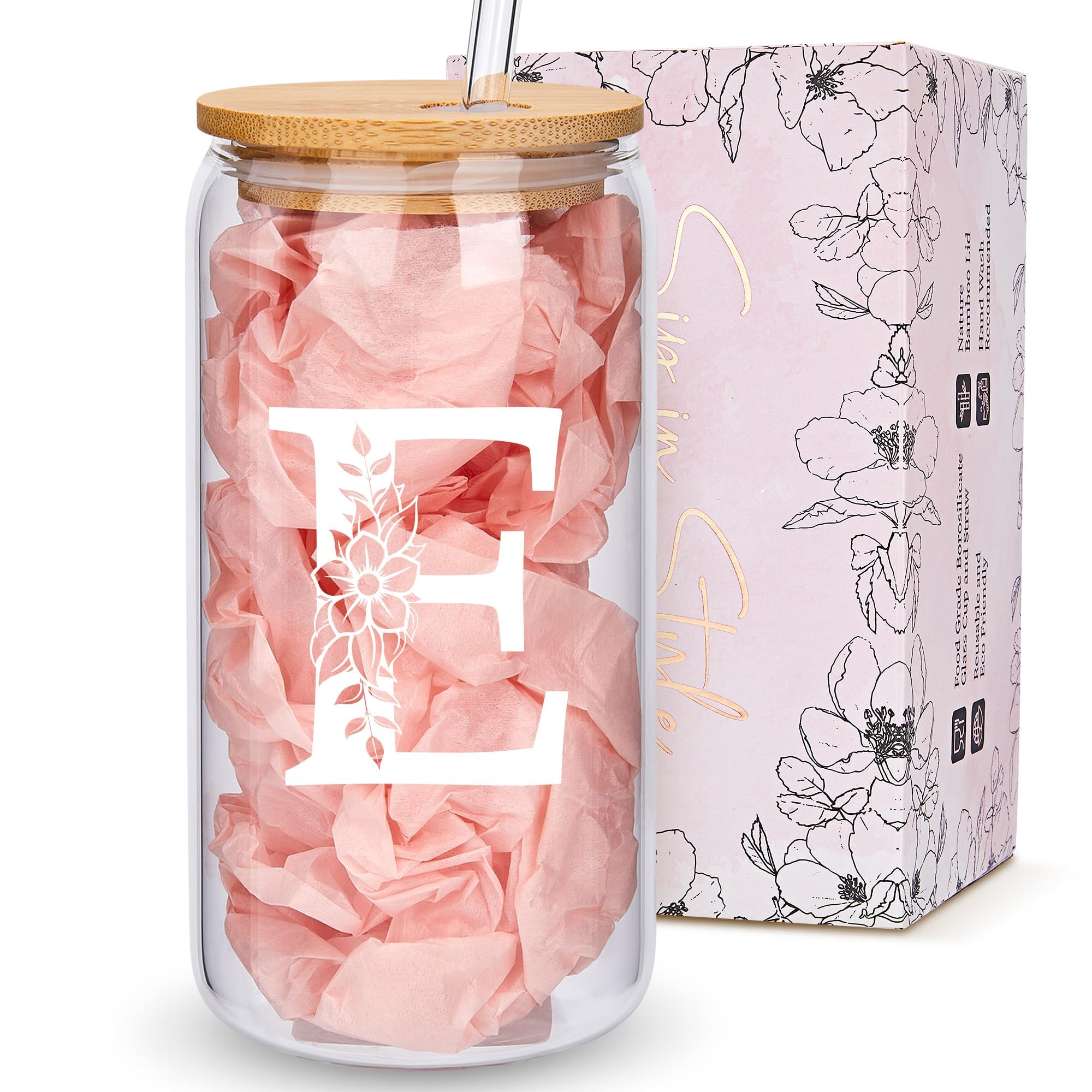 Personalized Gifts for Women, Monogrammed Glass Cups with Lids and Straws, Custom Tumbler, Cute Customized Mug, Aesthetic Stuff, Initial Iced Coffee Cup, Drinking Glasses, Birthday Teacher Gifts, E