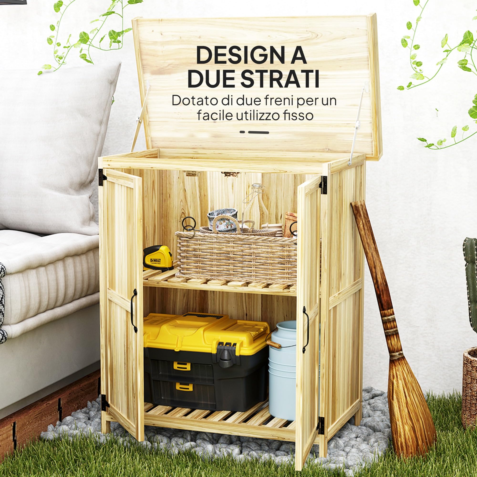 Outsunny Armadio da Giardino in Legno di Abete 74x43x88 cm Color Legno | Casetta Porta Attrezzi da Esterno, 2 Ante Bloccabili, Piano in Metallo, Mensola, per Giardino Patio Prato