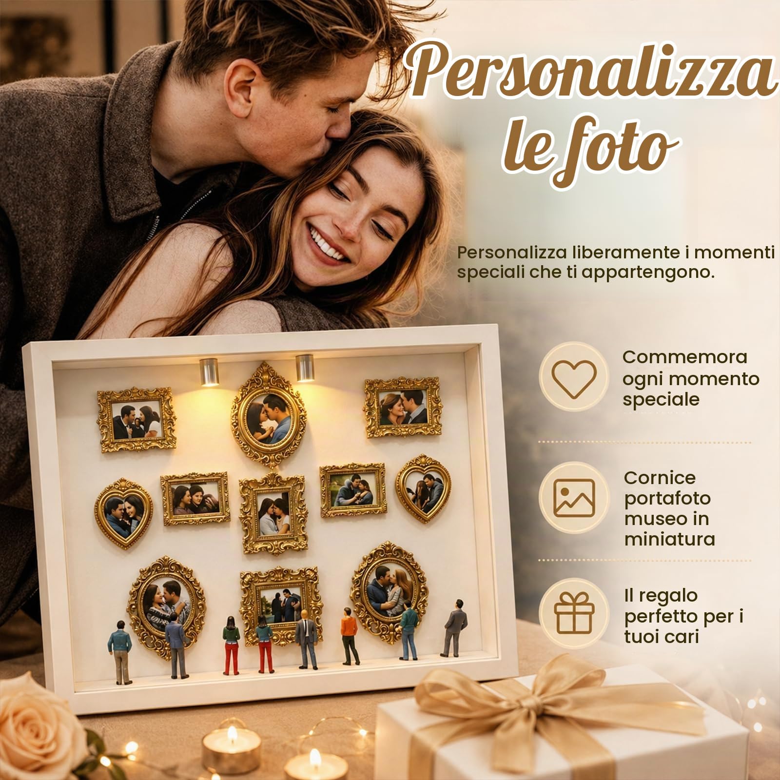 DIY Mini Museum, Micro Museo con 11 Mini Cornici Museo Dorate | Scatola Portaoggetti con Figure in Miniatura, Regalo per San Valentino, Matrimonio e Anniversario