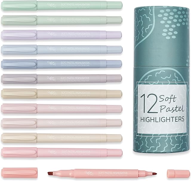 Oyster&Pop Soft Pastel Highlighters | 12 Pcs Mild Assorted Colours | Office & Aesthetic School Supplies | Bible Journaling Supplies | Quick Dry No Bleed Dual Tip Cute Markers | Giftable Pen Pot