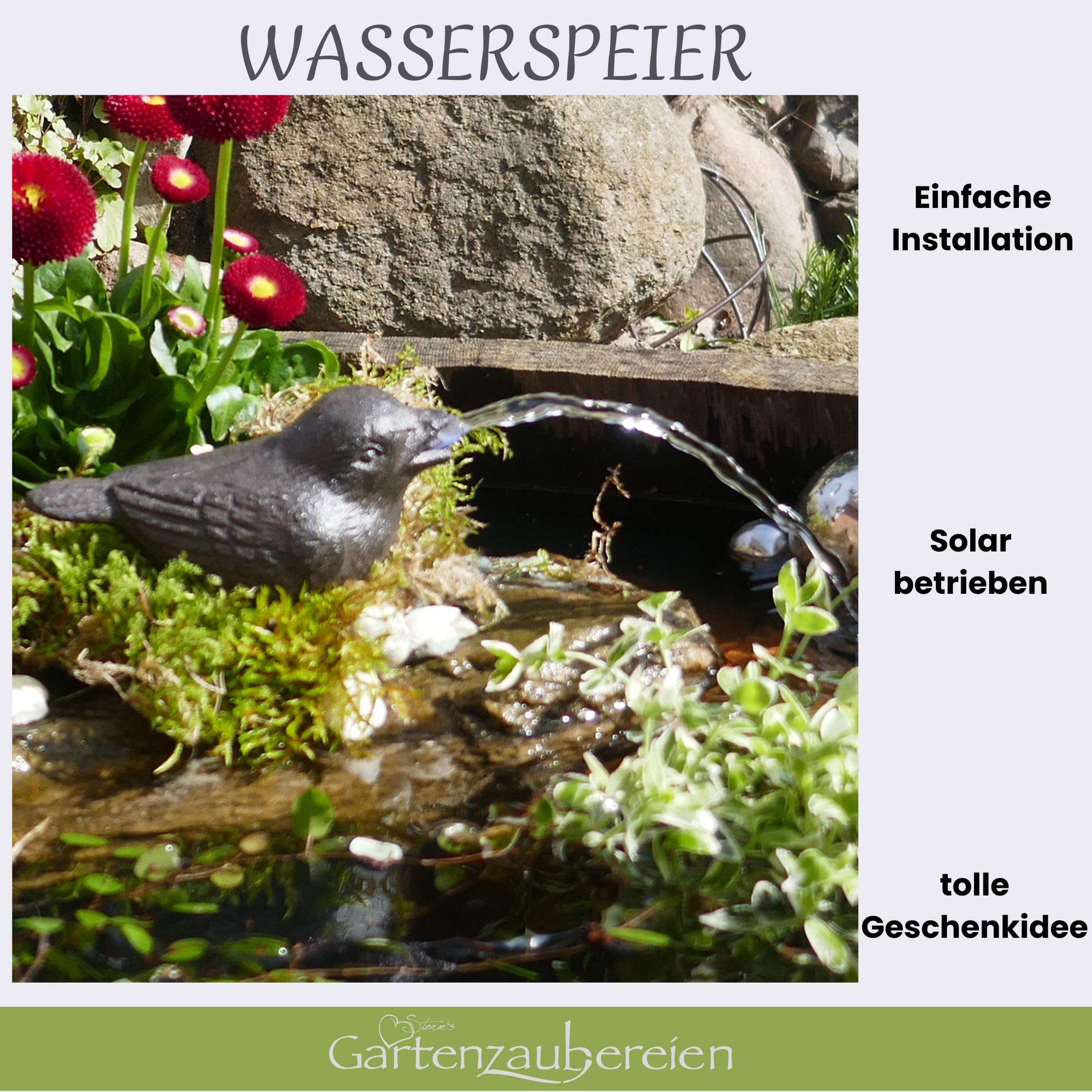 Wasserspeier Spatz inkl.Solar- Pumpe Gusseisen Teichdeko