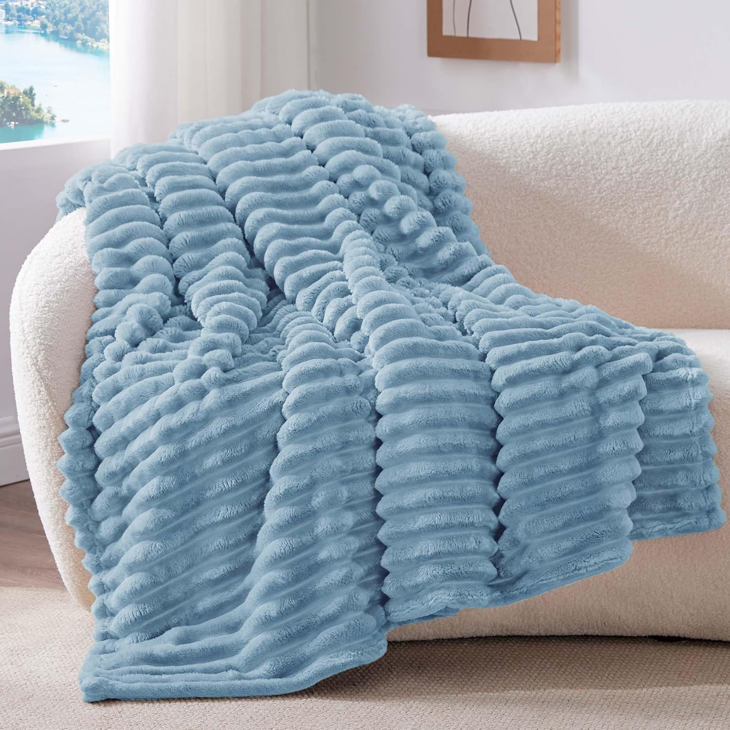 BEDELITE Fluffy Fleece Throw Blanket, Striped Decorative Soft Warm Gift for Sofa Bed Couch, Queen Size, Light Blue — image 1
