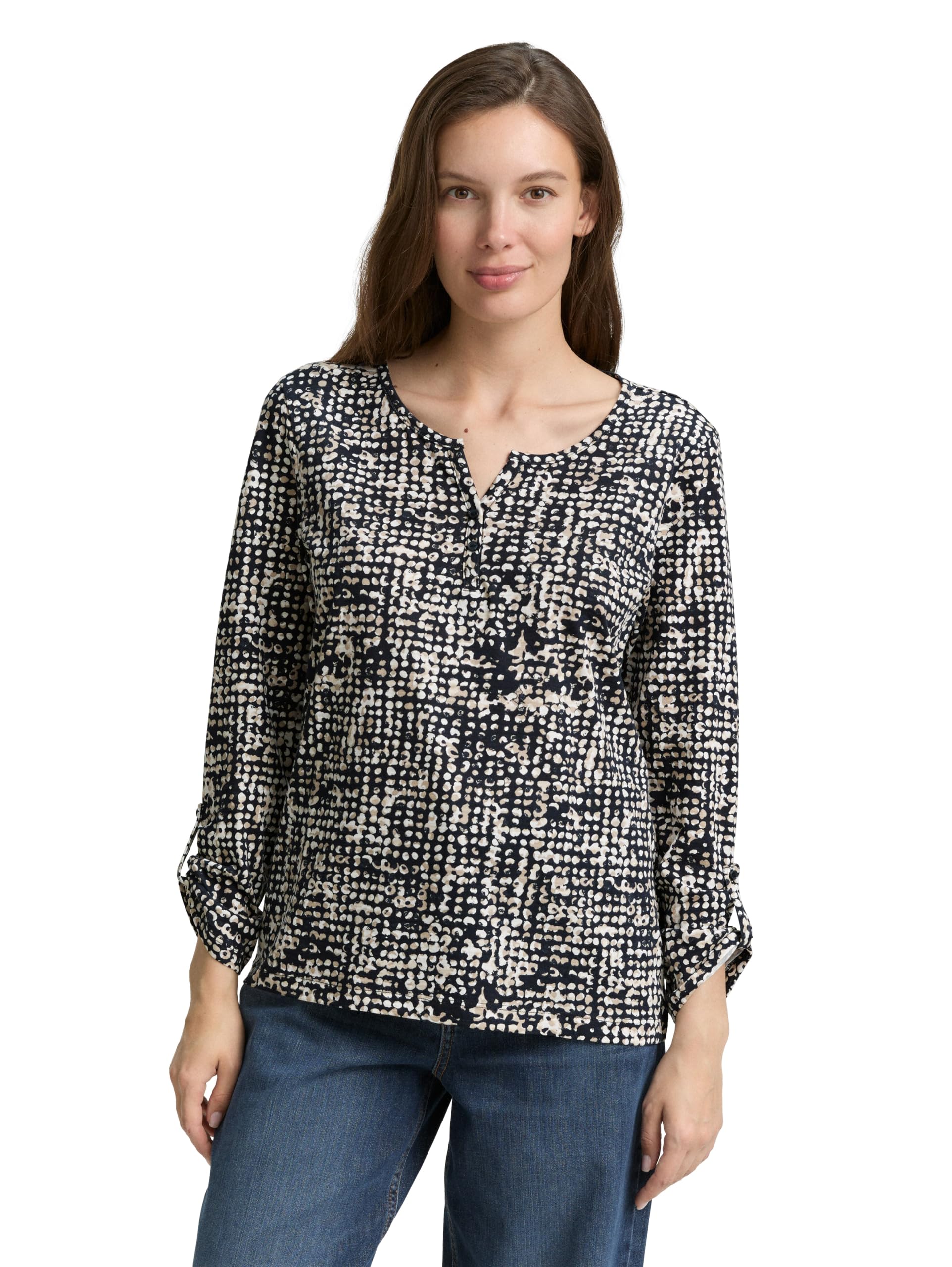 Tom Tailor Damen 1047729 Henley Blusenshirt Mit Muster, 38402 - Navy Abstract Dot Design, L EU