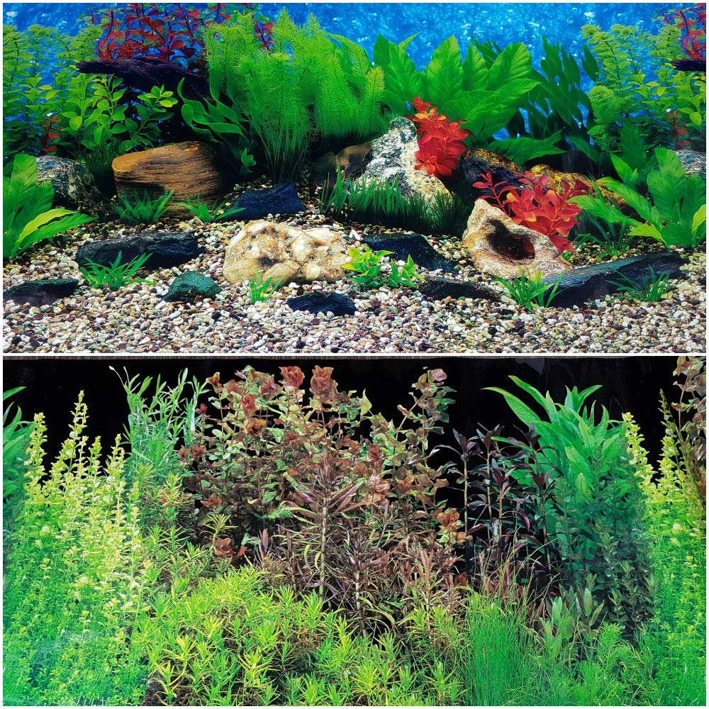 Double Sided Aquarium and Fish Tank Background 15 Inch High by 48 Inch Long (40cm x 120cm) Deep in Rocks or Natural Plants Themed Decor, Reversible Aquarium Background