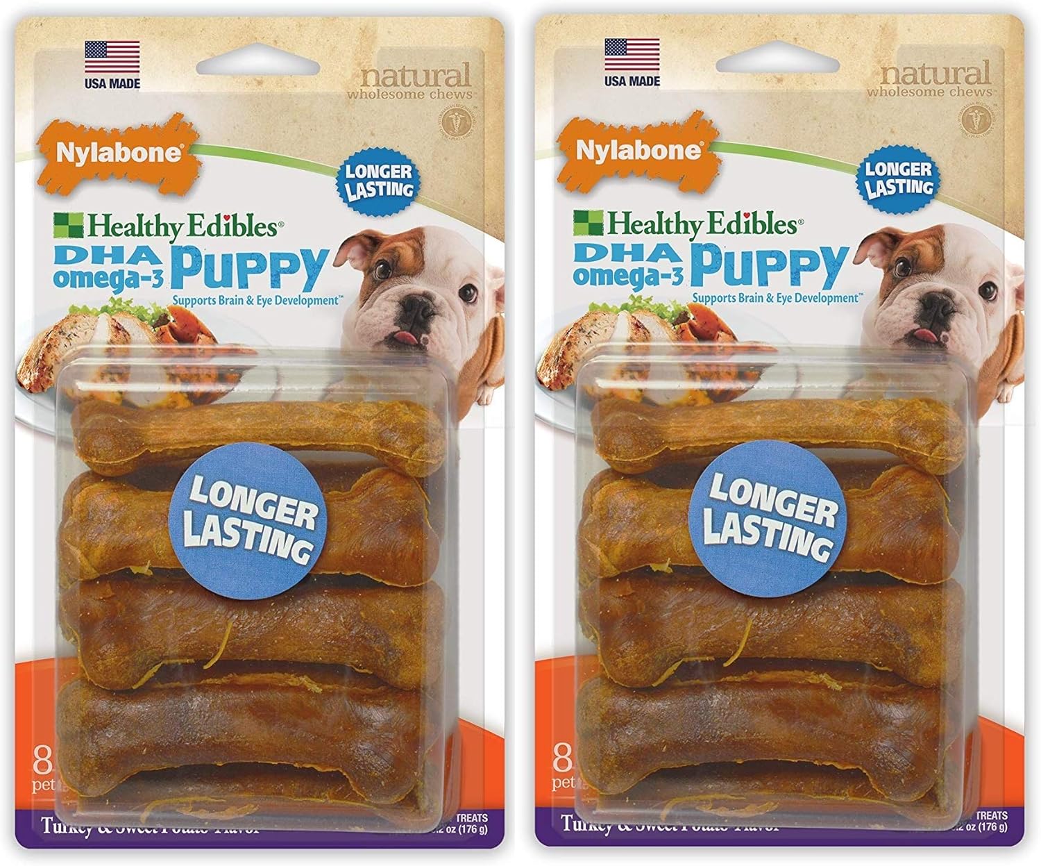 Nylabone 2 Pack of Healthy Edibles Turkey and Sweet Potato Puppy Chew Treats, 8 Treats Per Pack