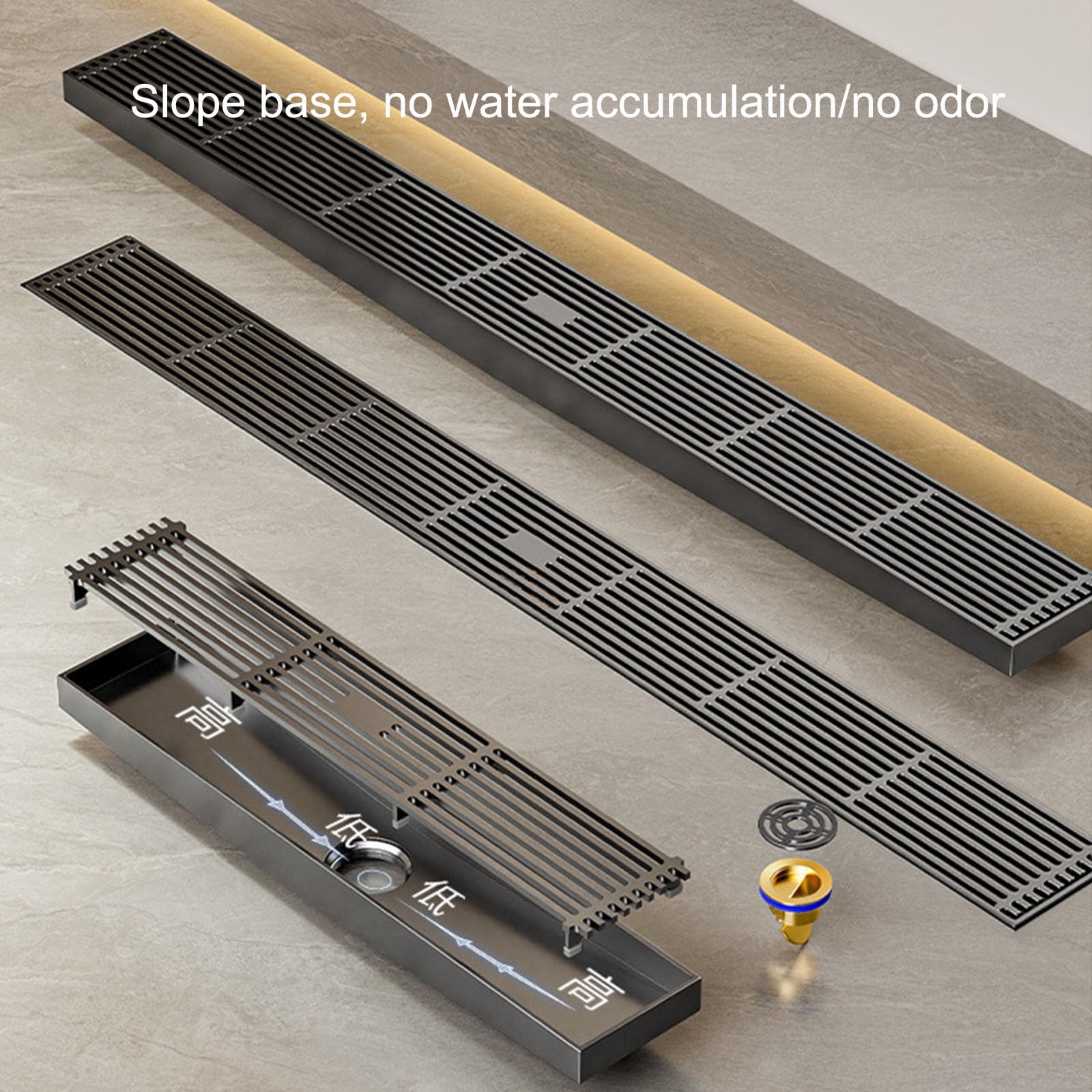 Desague Ducha Lineal con Cubierta De Rejilla con Patrón De Tiras Extraíbles, Sumidero Ducha De Acero Inoxidable Sus 304 Cepillado para Remodelación De Baño, Filtro De Cabello Incluido