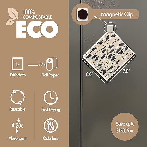 Miniatura 3 de Toallas de papel reutilizables, paquete de 8 paños suecos para cocina con 3 clips, color negro y blanco, algodón, 200 lavados