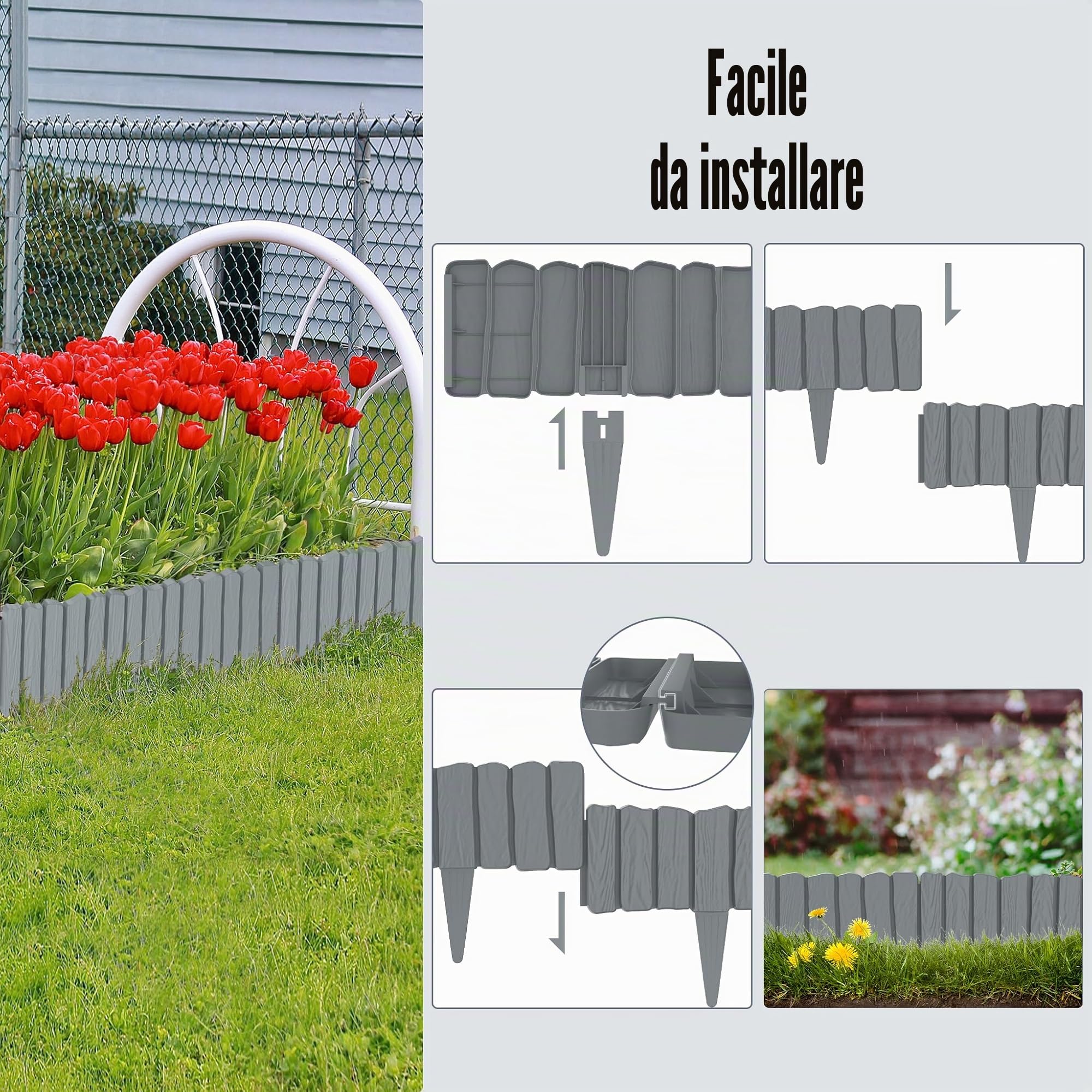 FIVMEN Bordo per prato, in plastica, 4,6 m, effetto legno, bordatura per aiuole con perni da 10 cm, imitazione delle venature del legno, per giardino, grigio